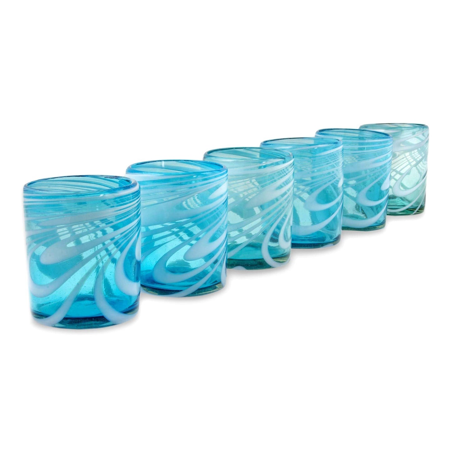 NOVICA Light Blue And White Swirl Hand Blown Glass Rock Glasses, 11 Oz, 'Whirling Aquamarine' (Set Of 6)