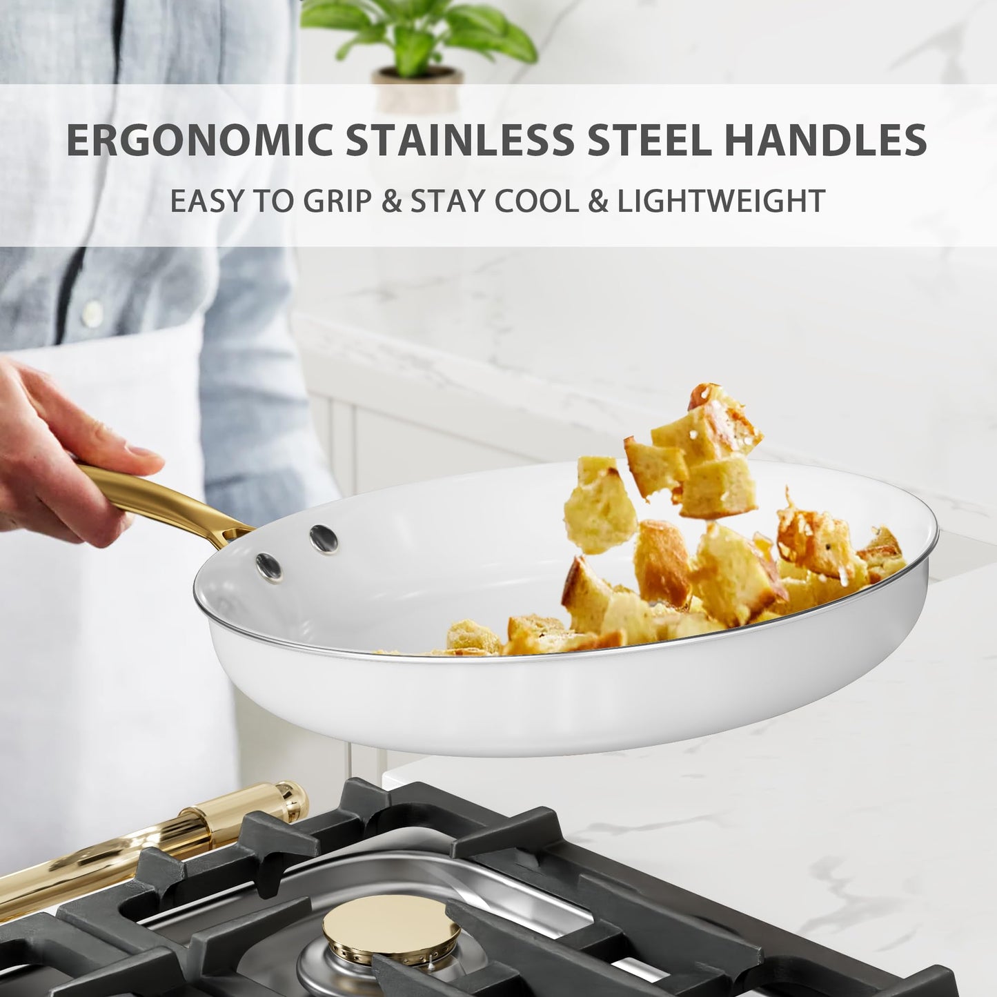 Ceramic Cookware Set, Voniki 16 Pcs Pots and Pans Set Non Stick, Kitchen Cookware Sets with Cooking Utensils Set, Non Toxic Cookware Set White Gold Pan Set for Cooking Pot Oven & Dishwasher Safe, Gift