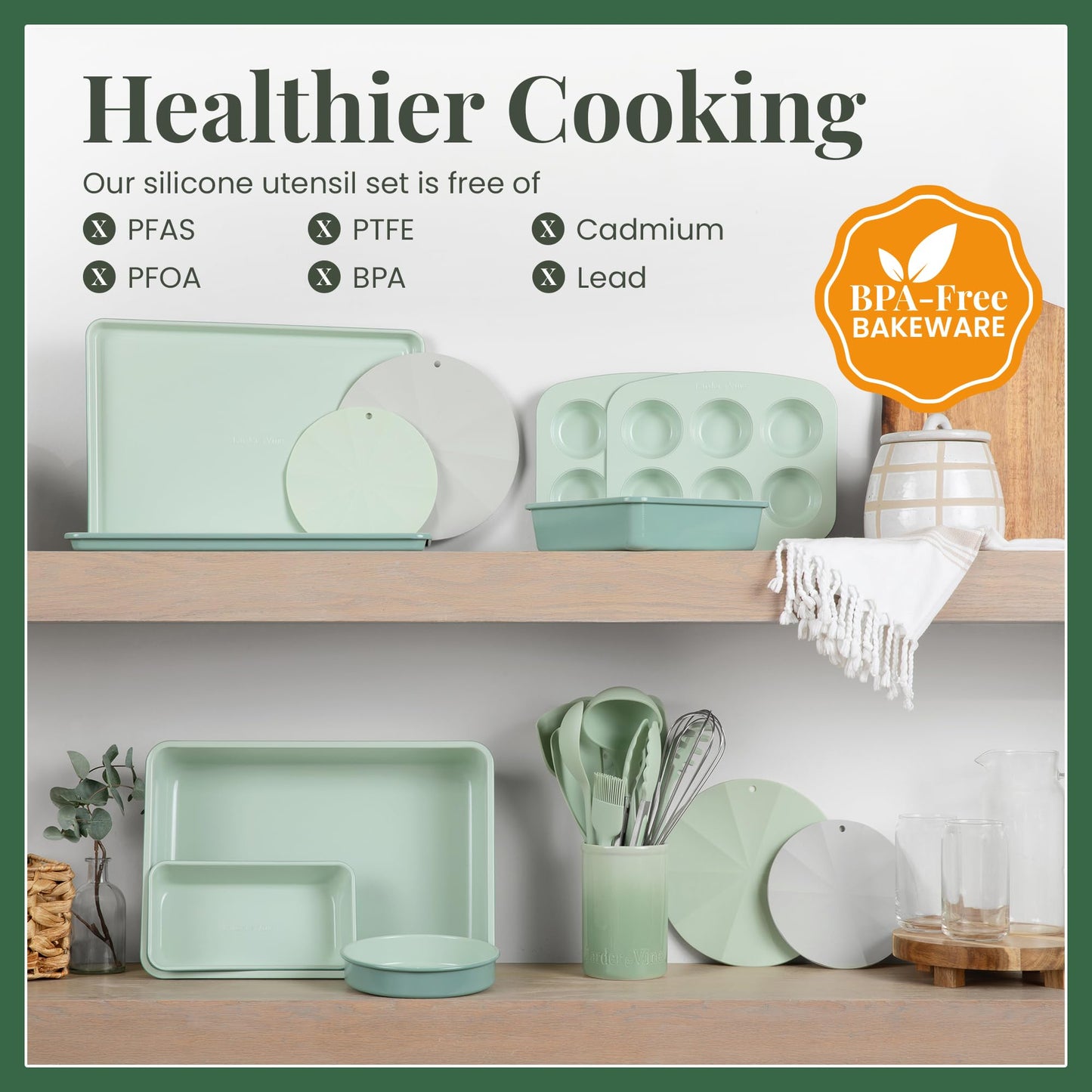 Sage 12-Piece Silicone Cooking Utensils Set | Silicone Utensils with Stainless Steel Handle and Ceramic Holder | Kitchen Utensils Set | Dishwasher Safe Set of Kitchen Essentials | Sage