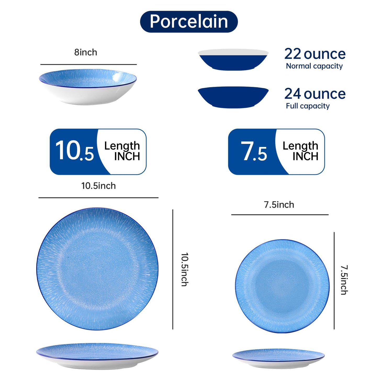 Bestone Plates and Bowls Sets,12 Pieces Round Porcelain Dinnerware Sets,Dishes, Plates, Dishware Sets,Chip Resistant Ceramic Dish Set Dining Dinner Ware Service for 4,New Blue