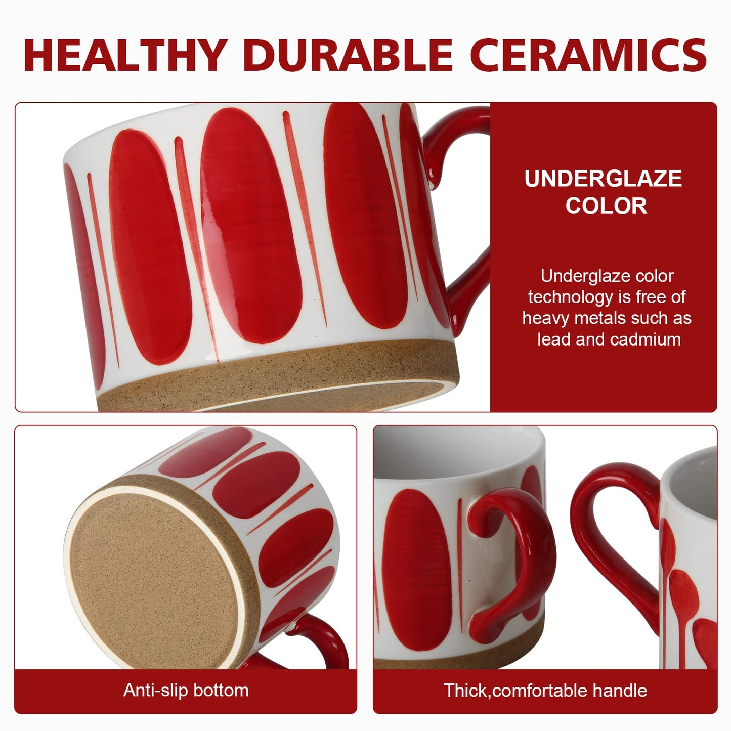 Koja Hand Painted 15 oz. Porcelain Ceramic Mugs Set. Service for 4. (Hand Painted - Red)