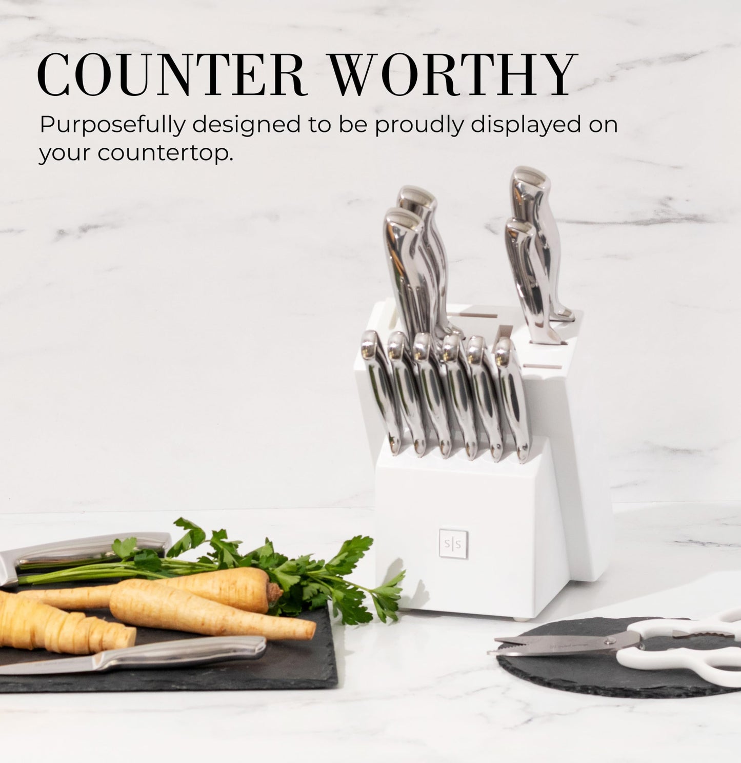 Styled Settings Stainless Steel Knife Set with Built In Sharpener - 14-Piece Ultra Sharp, High Carbon Stainless Steel Kitchen Knife Set includes White Knife Base