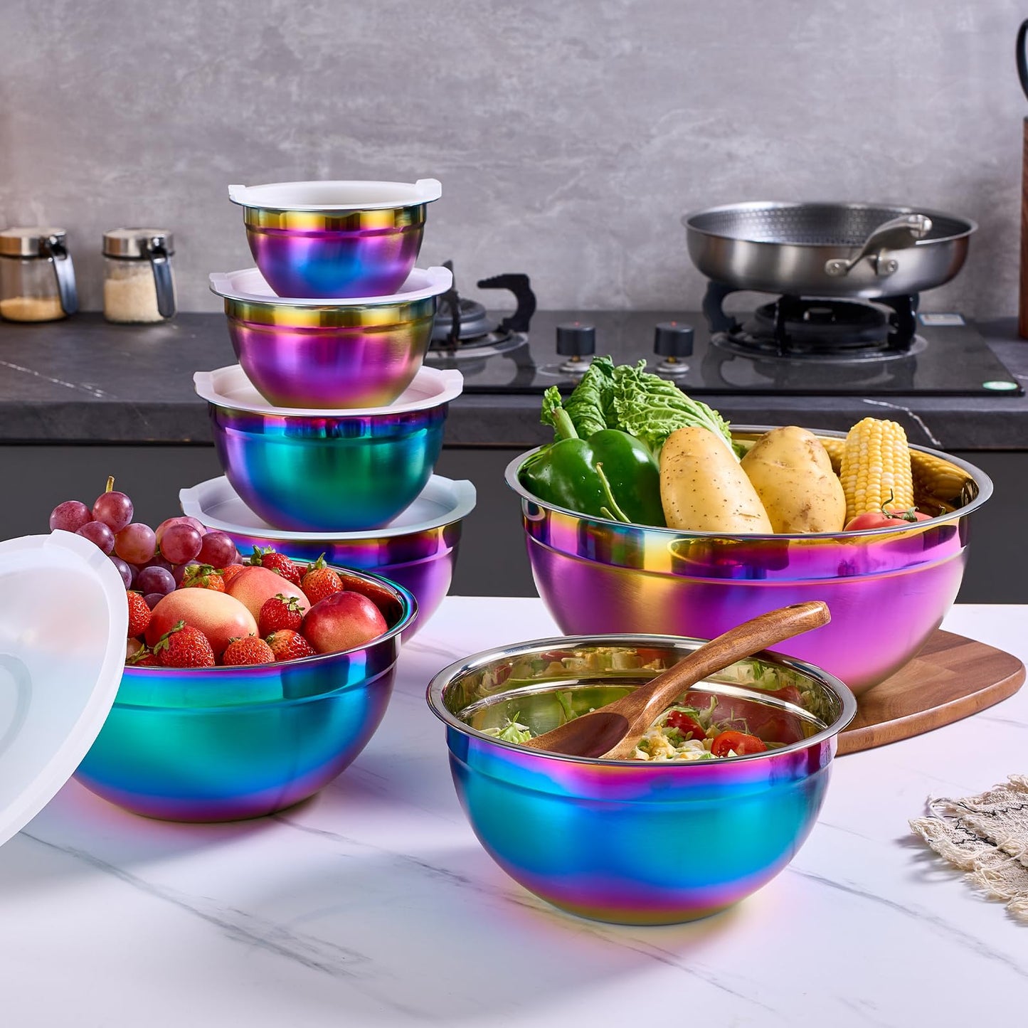 Moxinox Colorful Mixing Bowls with Airtight Lids, Stainless Steel Nesting Mixing Bowls Set of 7, Ideal for Baking, Prepping and Serving Food, Size 7, 3.6, 2.7, 2.1, 1.5, 1.1,0.8 QT, Stackable Design
