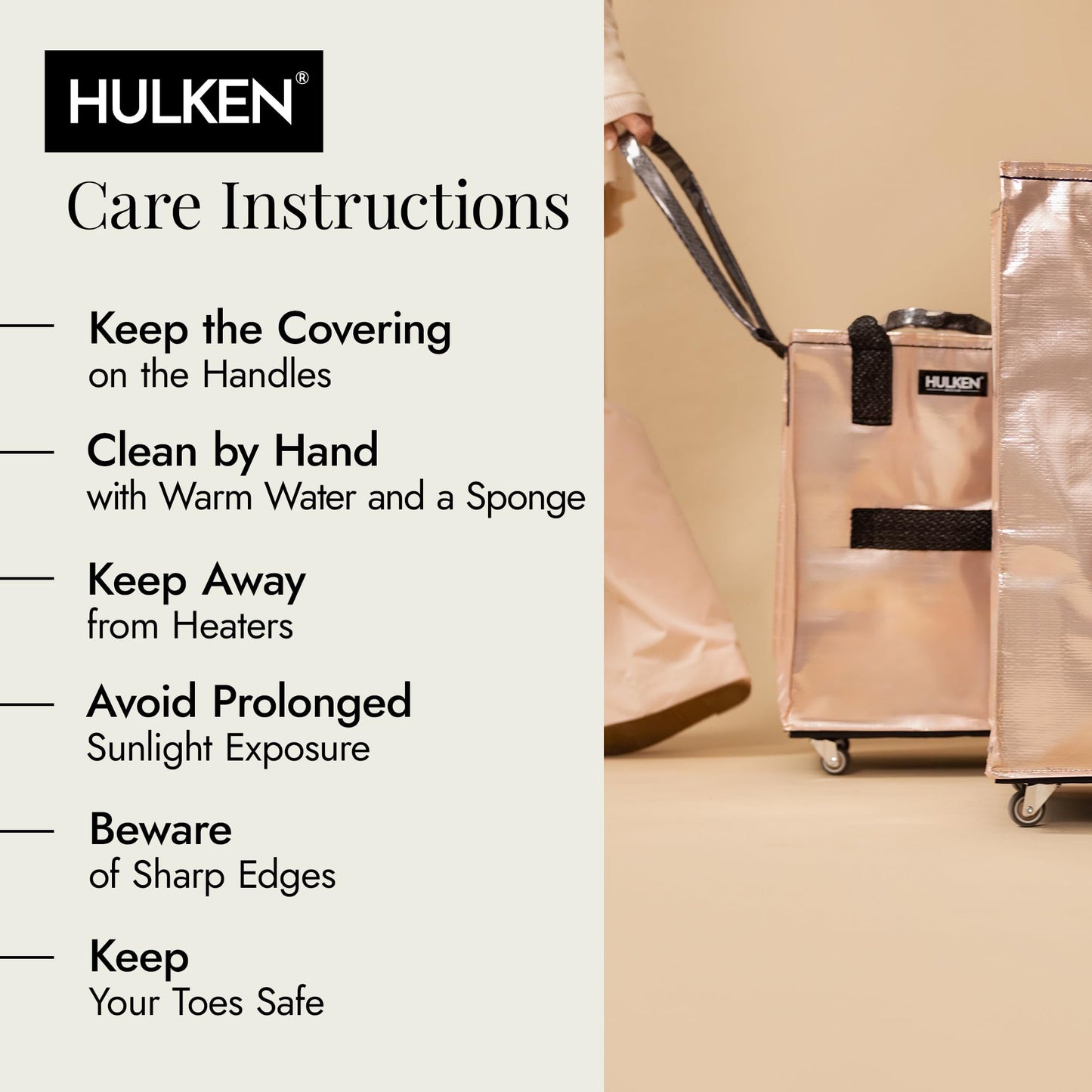 HULKEN (Medium, Rose Gold) Reusable Grocery Bag On Wheels, Shopping Trolley, Rolling Tote, Zipper Closure, Lightweight, Carries Up to 66 lb, Folds Flat, Unbreakable Handles
