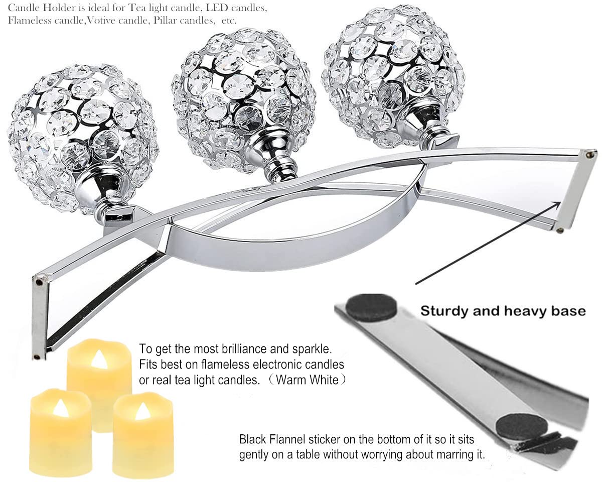 Silver Crystal Candle Holders 3 Arms Unique Bling Tea Lights Candle Holder Coffee Dining Table Centerpiece Table Decorations for Dining Room Mothers Day Christmas Wedding Housewarming Gift