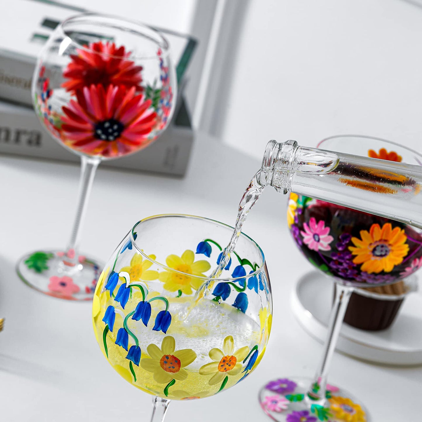 Hand-Painted Wine Glass Pink Daisy Flowers Artisan Painted 20 Oz.