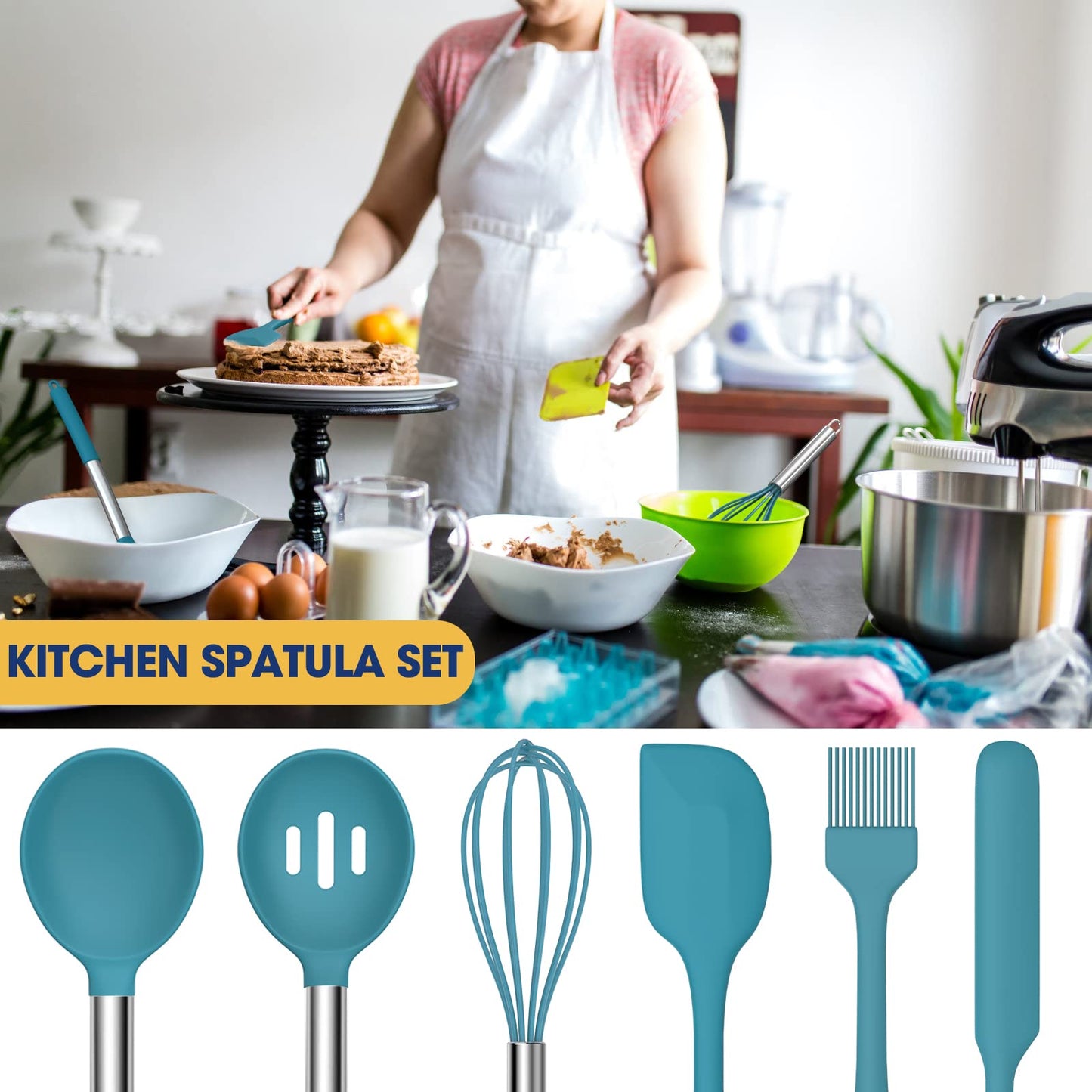 Blue 24-Piece Silicone Cooking Utensil Set, Fungun Non-stick Kitchen 24 Pcs Cookware, Heat Resistant , Silicone Kitchen Tools Gift with Stainless Steel Handle (Blue-24pcs)