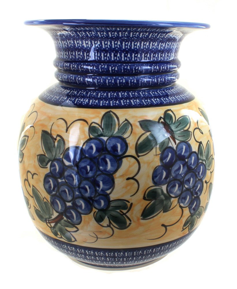 Blue Rose Polish Pottery Grapes Floor Vase with Cobalt Trim