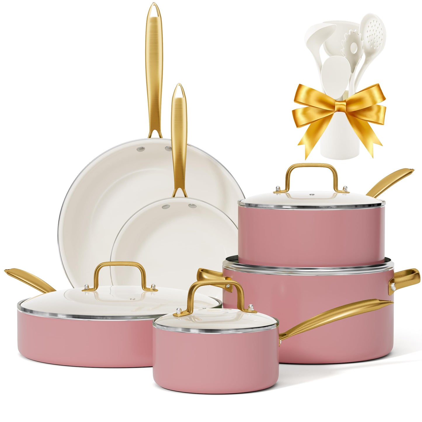 Ceramic Pots and Pans Set - Voniki Non-Toxic Cookware Set with Cooking Utensils Set, Kitchen Cookware Sets Dutch Oven Pot Saucepan Set Sauté Pan Frying Pan Set for Cooking Pot Gold Kitchenware Gift