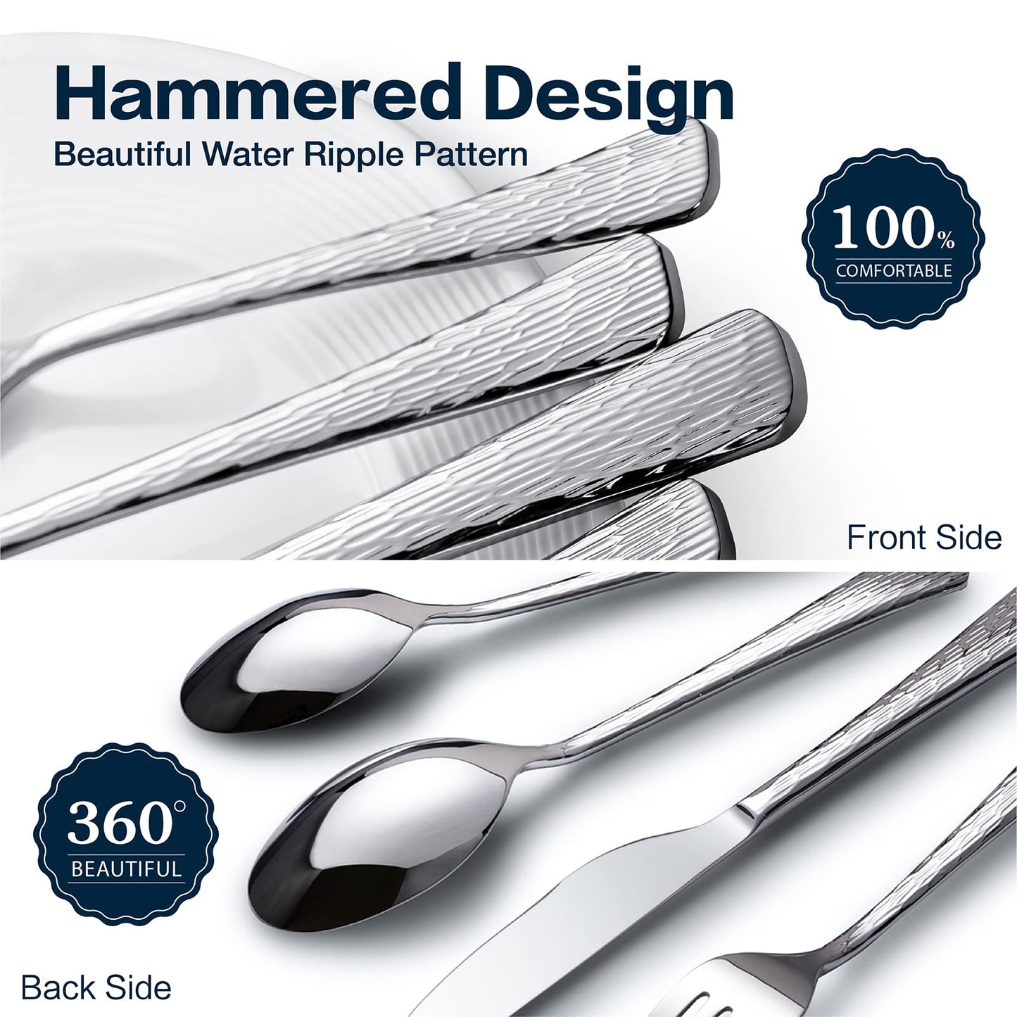 KINGSTONE Hammered Silverware Set, Flatware Set, 18/10 Stainless Steel Premium Cutlery with Unique Ripple Handles Design Mirror Polished - Dishwasher Safe (30-Piece)