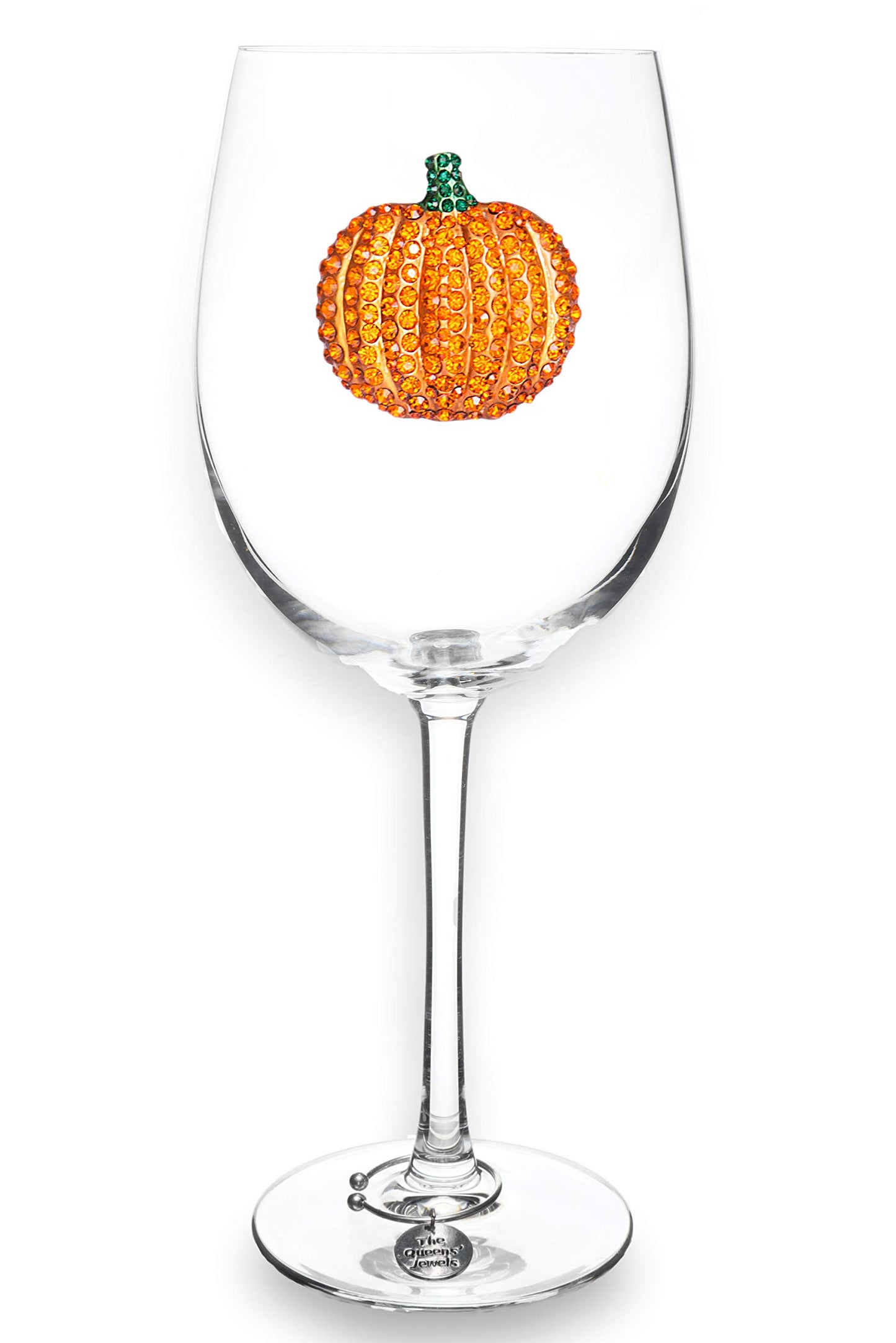 THE QUEENS' JEWELS Pumpkin Jeweled Stemmed Wine Glass, 21 oz. - Unique Gift for Women, Birthday, Cute, Fun, Not Painted, Decorated, Bling, Bedazzled, Rhinestone