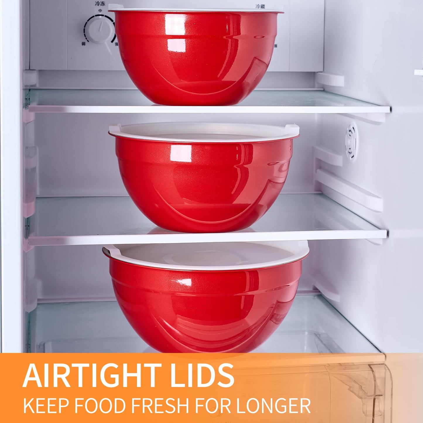 Moxinox Red Mixing Bowls with Airtight Lids, Stainless Steel Nesting Mixing Bowls Set of 7, Ideal for Baking, Prepping and Serving Food, Size 7, 3.6, 2.7, 2.1, 1.5, 1.1,0.8 QT, Stackable Design
