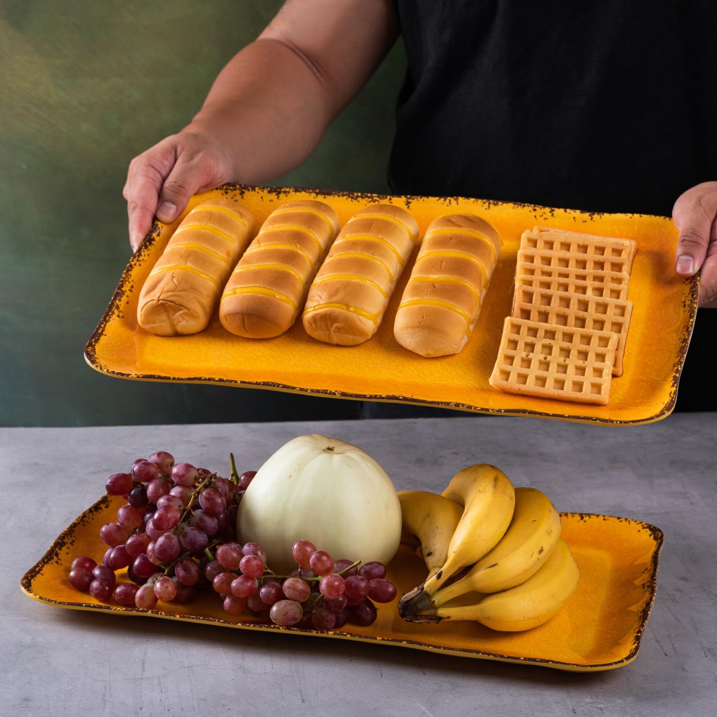 Deep Gold Melamine Farmhouse Rectangular Serving Platter Sets, 17.5" x 10" Melamine Large Serving Tray Sets,100% Melamine, Dishwasher Safe, BPA Free, Lightweight and Unbreakable,Gold