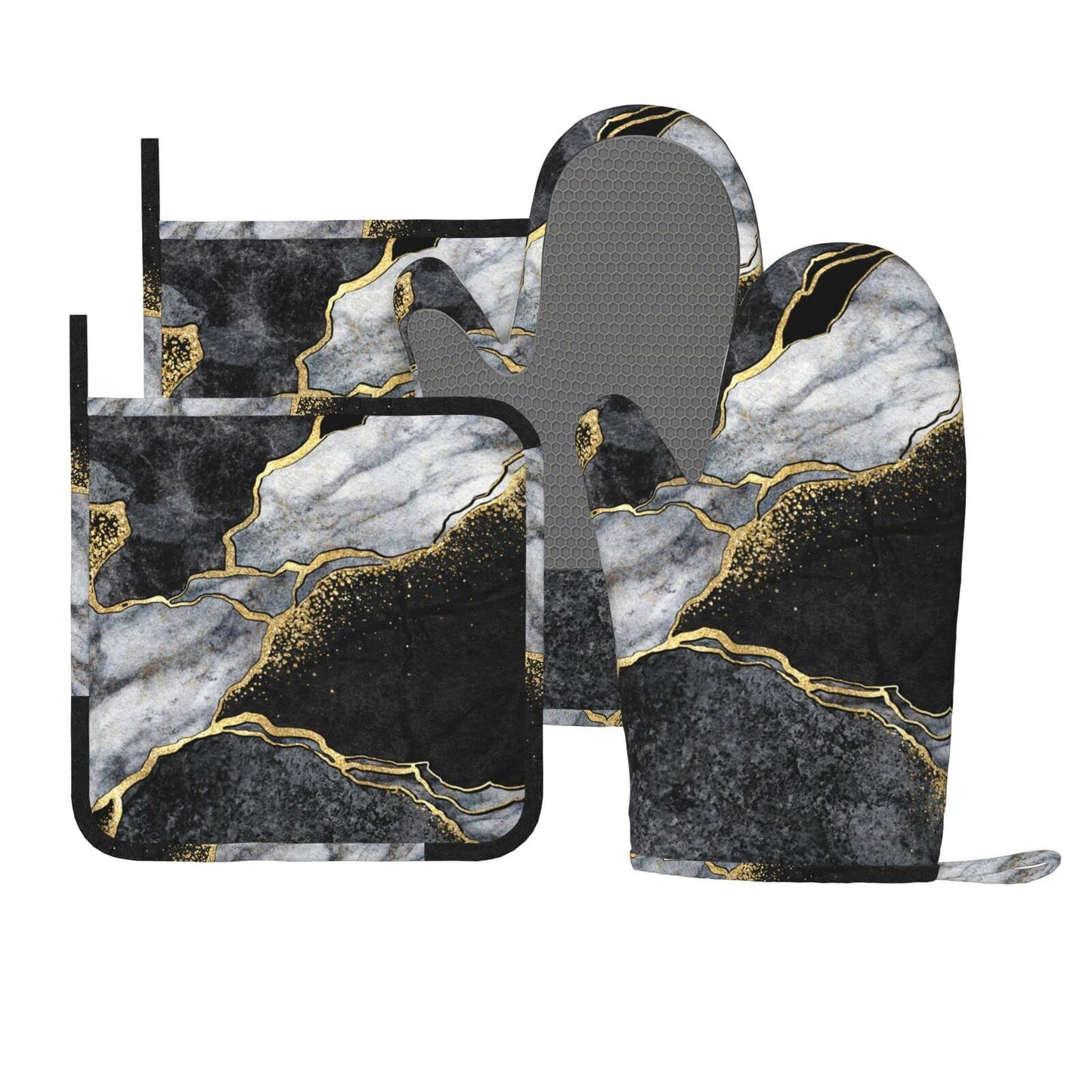 Oven Mitts and Pot Holders Marble Black Gray Gold Silicone Kitchen Accessories Set of 4, Heat-Resistant Long Gloves Potholder Non-Slip Grip for Chef, Cooking, Baking, Grilling, BBQ