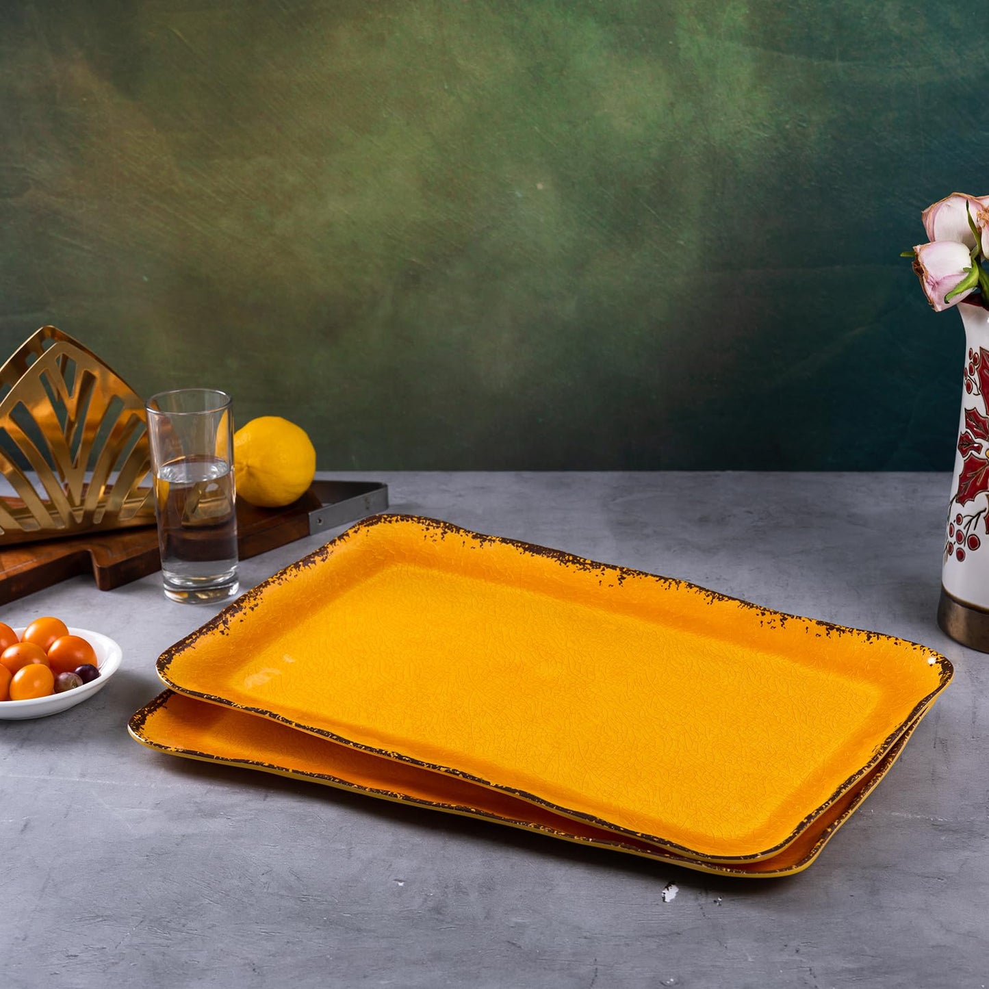 Deep Gold Melamine Farmhouse Rectangular Serving Platter Sets, 17.5" x 10" Melamine Large Serving Tray Sets,100% Melamine, Dishwasher Safe, BPA Free, Lightweight and Unbreakable,Gold
