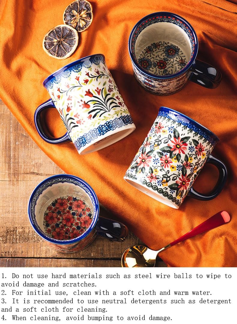 Generic Pottery Coffee Mug Set,14oz, Hand Painted Ceramic Tea Cups with Unique Design for Hot or Cold Drinks (Exotic daisy), convention, Blue