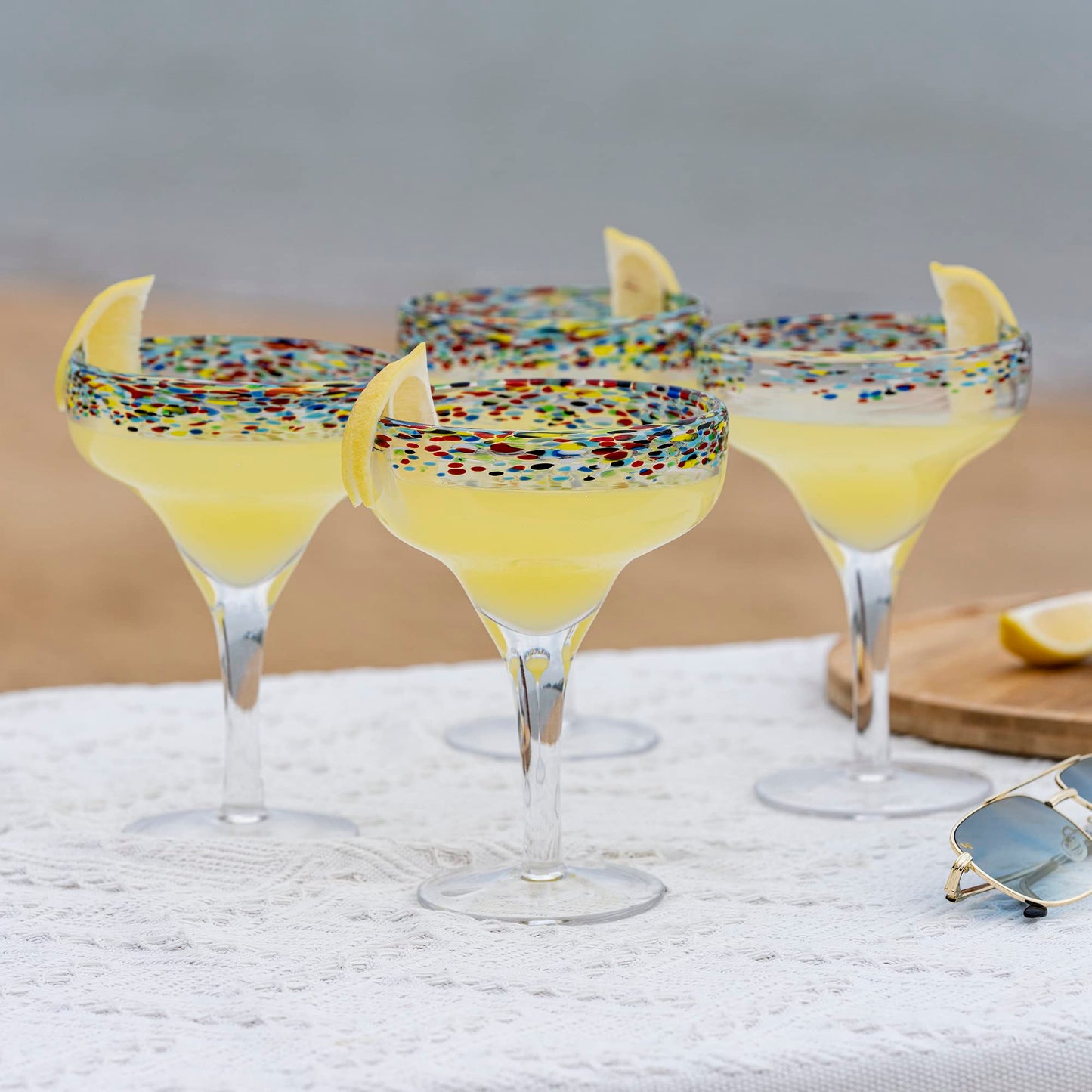 Margarita Glasses – Set of 4 - Luxury Hand Blown Confetti Margaritas, Cocktails, Water, Wine, Dessert, Martini & Champagne Cinco de Mayo, Hand Blown - Mexican Confetti Design Glass, Party, Home & Bar