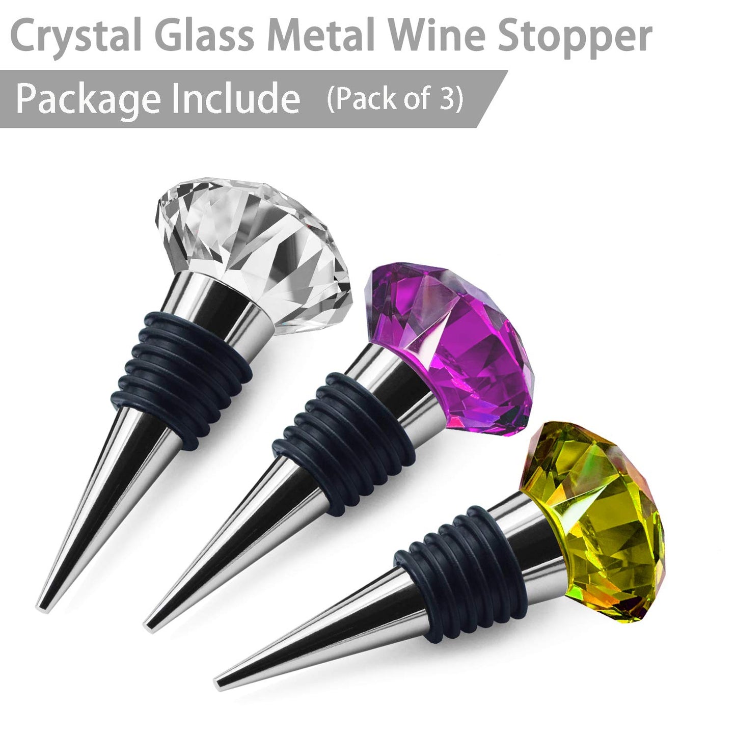 JETKONG 3 Pcs Crystal Wine Stoppers Reusable Wine and Beverage Bottle Stopper Diamond Shaped Wine Stopper (Yellow White Purple)