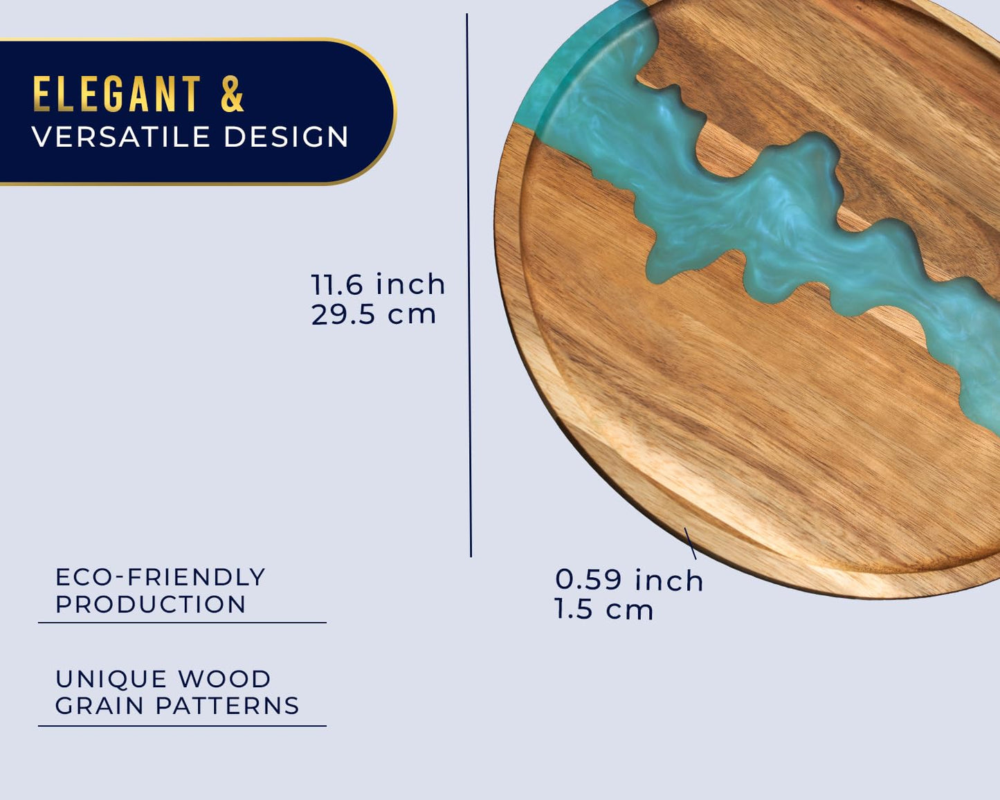Visually Stunning Celeste Blue Resin + Acacia Wood Serving Tray - Modern Round 12" Serving Tray for Food, Breakfast in Bed, Coffee Table, Decor, Organization, Snacks, Patio, Lap Tray