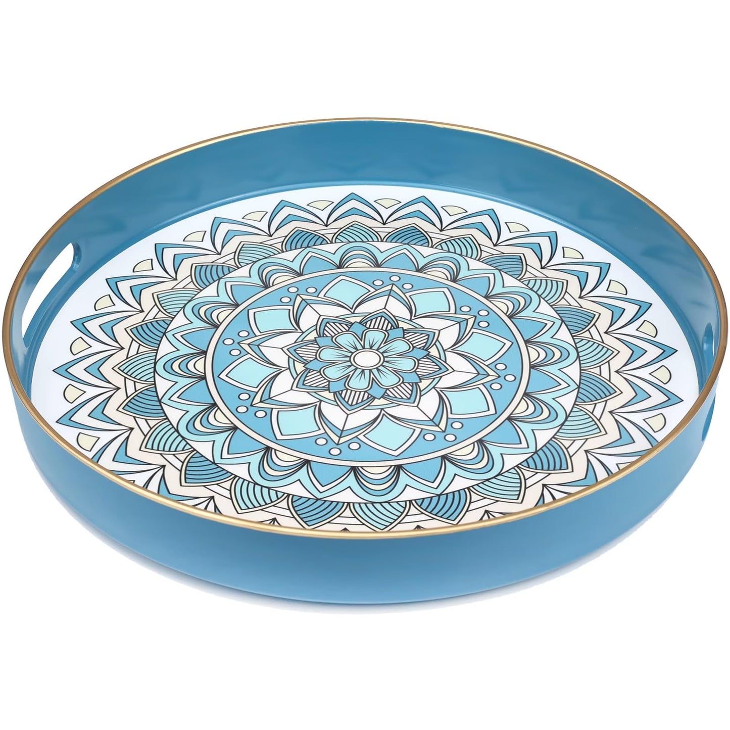 Round Cyan Decorative Tray for Coffee Table, Ottoman, 13” Plastic Serving Platter Tray with Handles for Entertaining, Living Room