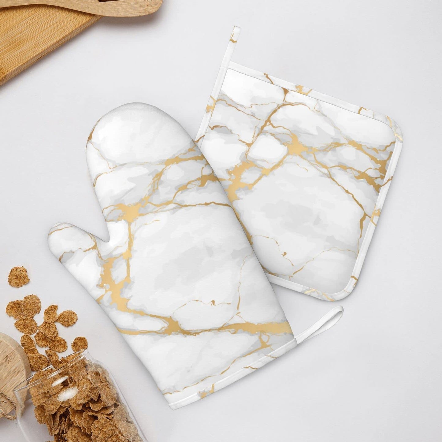 Oven Mitts and Pot Holders Marble White Gold Silicone Kitchen Accessories Set of 4 Heat Resistant Long Gloves Potholder Non-Slip Grip for Chef Cooking, Baking, Grilling, BBQ