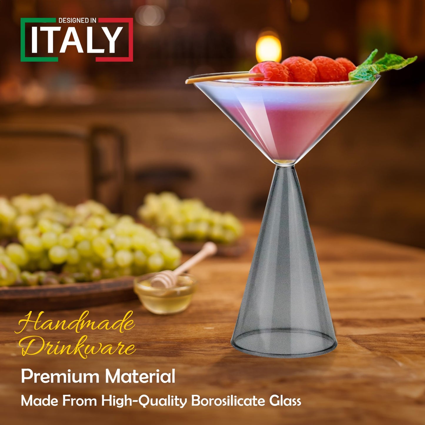 Gusto Buono 8.4oz Martini Glasses – Set of 4 Drinkware with Grey Stem Geometric Design | Heat-Resistant, Dishwasher, Microwave & Freezer Safe | Perfect for Martinis, Cocktails, Home, Parties, & Gifts