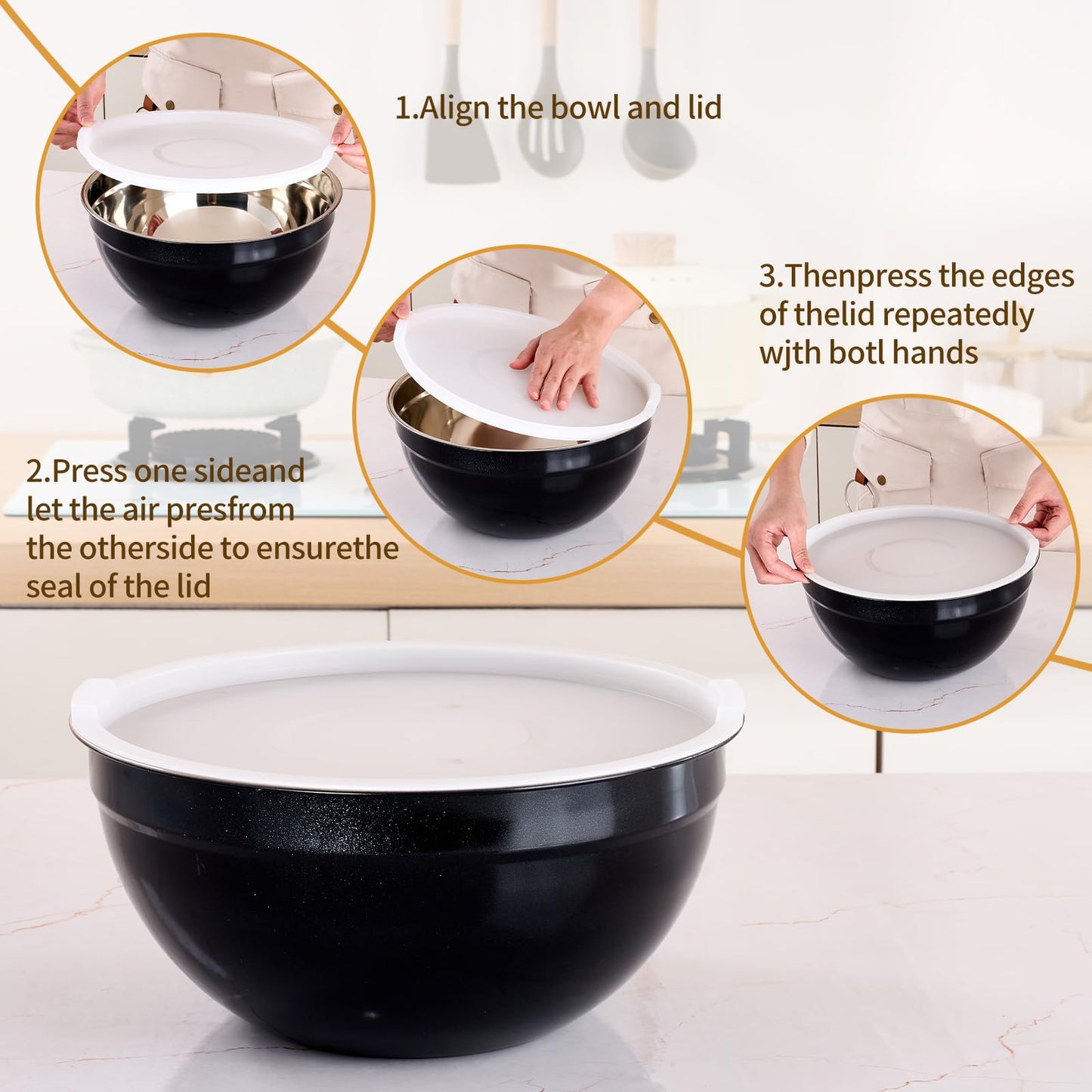 Moxinox Black Mixing Bowls with Airtight Lids, Stainless Steel Nesting Mixing Bowls Set of 7, Ideal for Baking, Prepping and Serving Food, Size 7, 3.6, 2.7, 2.1, 1.5, 1.1,0.8 QT, Stackable Design