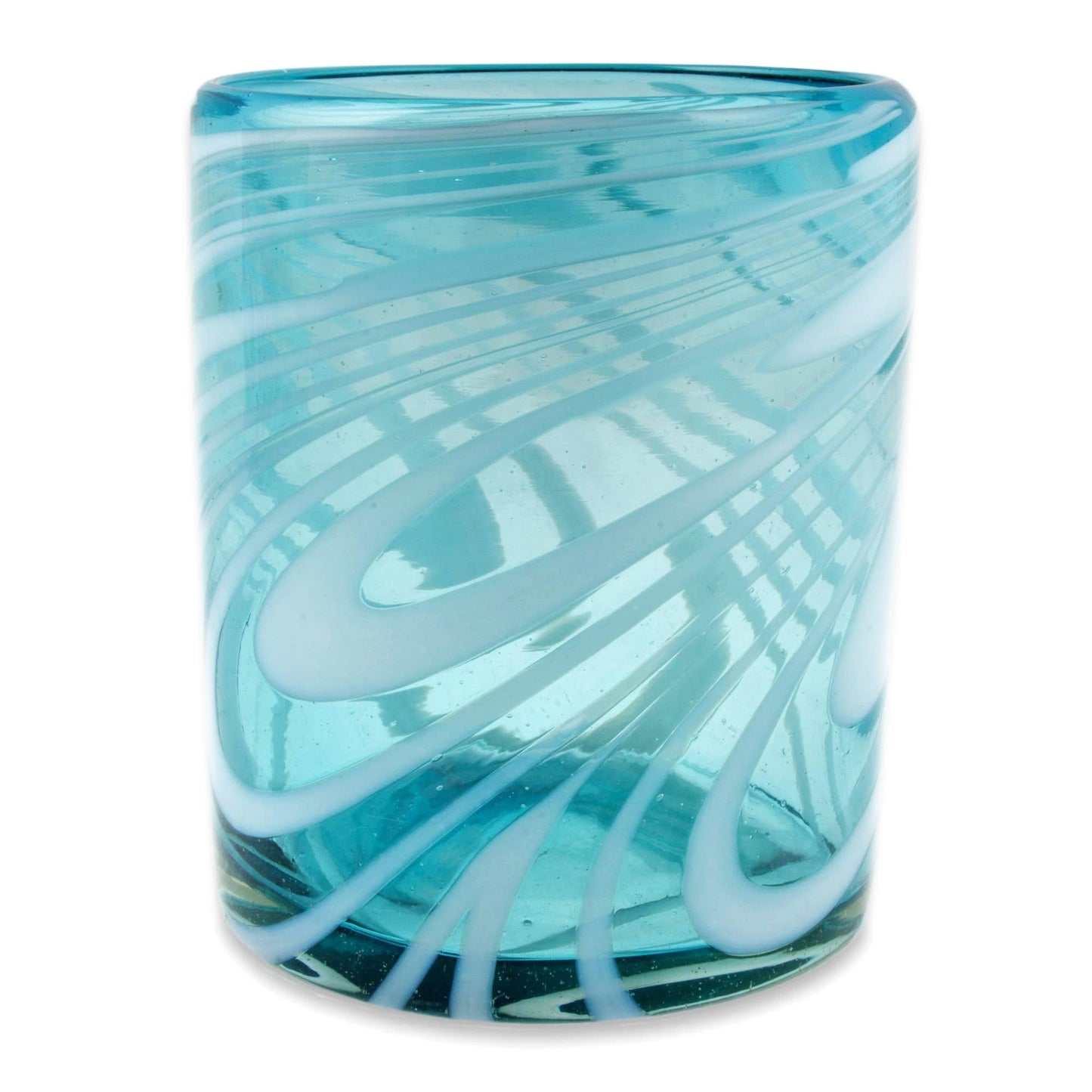 NOVICA Light Blue And White Swirl Hand Blown Glass Rock Glasses, 11 Oz, 'Whirling Aquamarine' (Set Of 6)