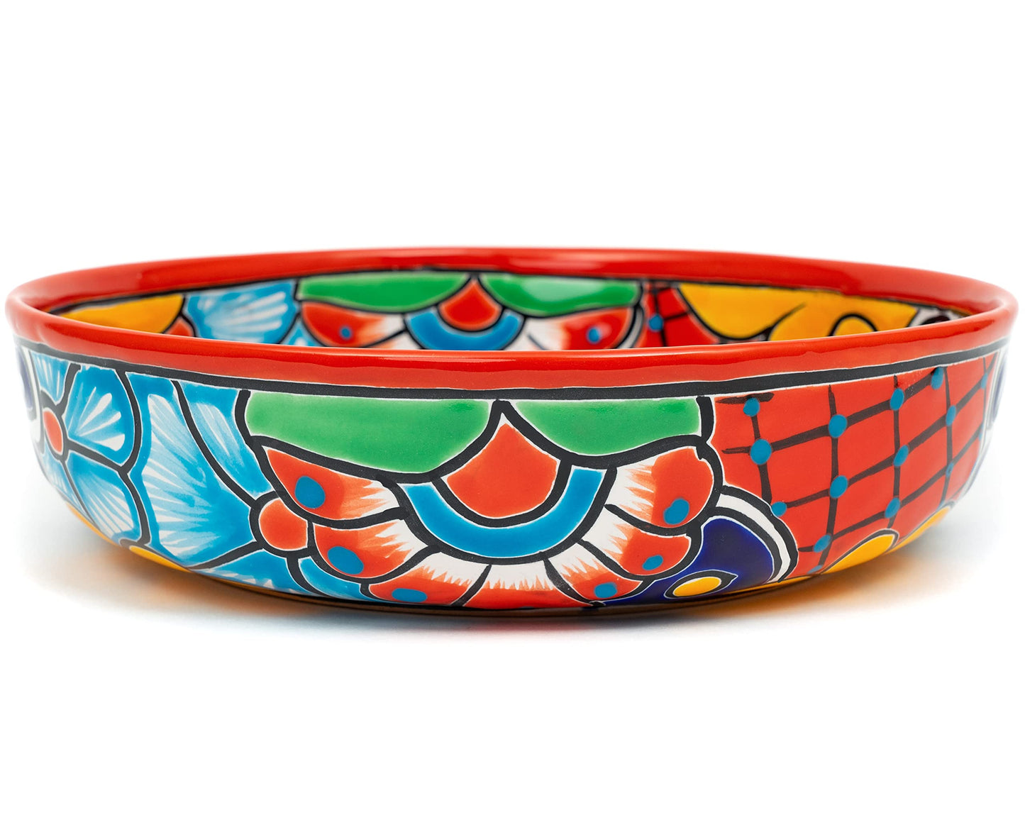 Enchanted Talavera Ceramic Hand-Painted Large Serving Bowl Pasta Bowl Fruit Bowl Salad Bowl Party Platter Holiday Bakeware Dish (Red)