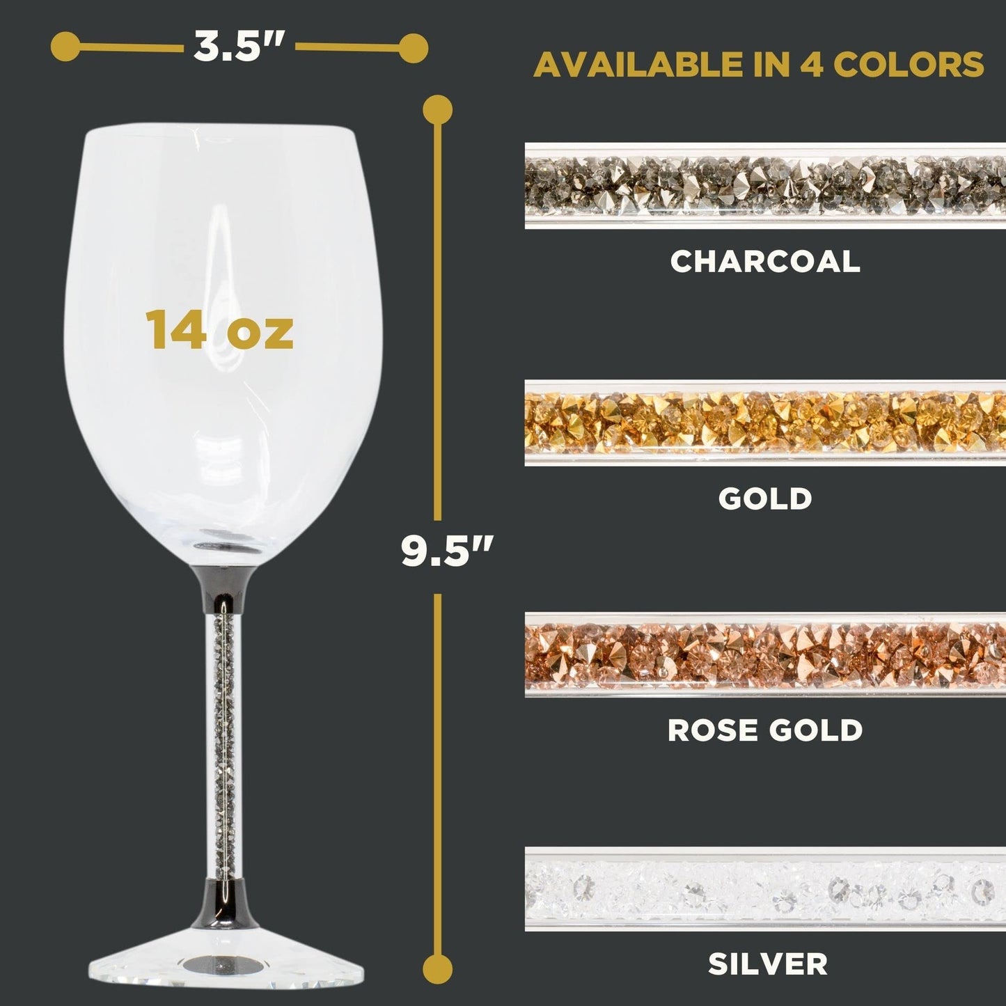 Sparkles Home Vetrina Stem Wine Glass, Sophisticated Crystal Glassware, Faceted Base, Red, White, Rosé, For Celebration Dining Table Setting, Event, Wedding, Charcoal, Set of 2 in Gift Box