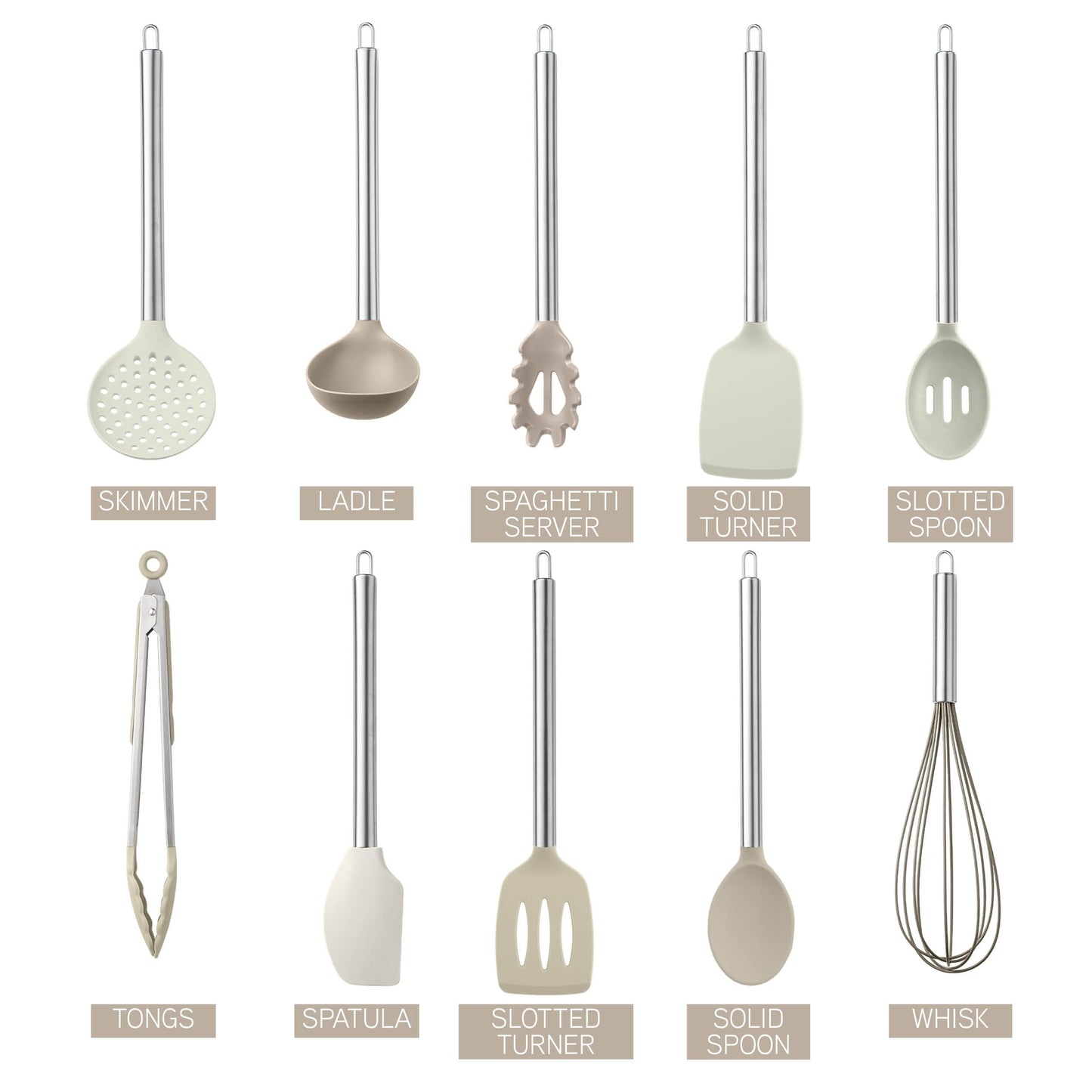 Beige COOK WITH COLOR Silicone Cooking Utensils, Kitchen Utensil Set, Easy to Clean Silicone Kitchen Utensils, Cooking Utensils for Nonstick Cookware, Kitchen Gadgets Set, 10 Pieces, Brown