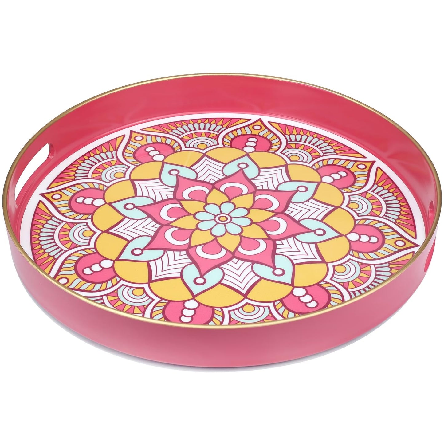 Round Pink Decorative Tray for Coffee Table, Ottoman, 13” Plastic Serving Platter Tray with Handles for Entertaining, Living Room