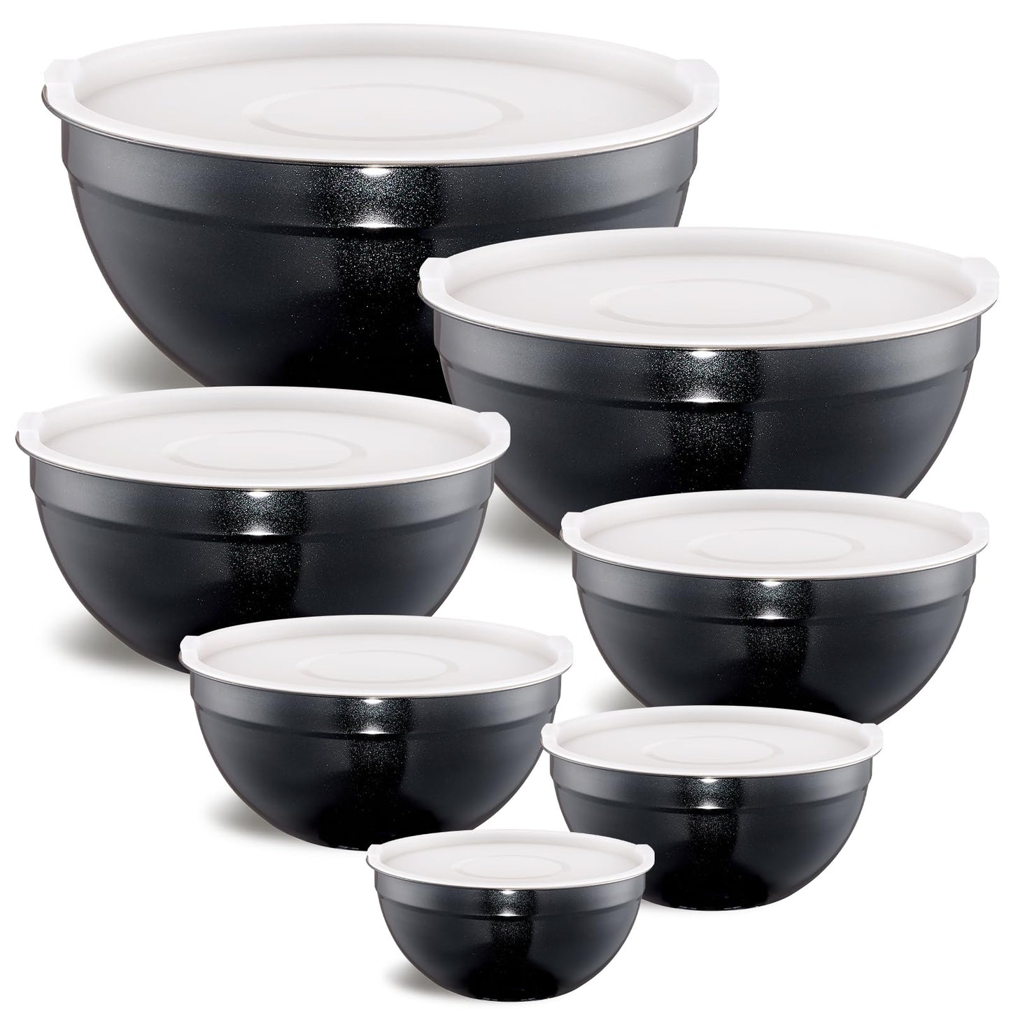 Moxinox Black Mixing Bowls with Airtight Lids, Stainless Steel Nesting Mixing Bowls Set of 7, Ideal for Baking, Prepping and Serving Food, Size 7, 3.6, 2.7, 2.1, 1.5, 1.1,0.8 QT, Stackable Design