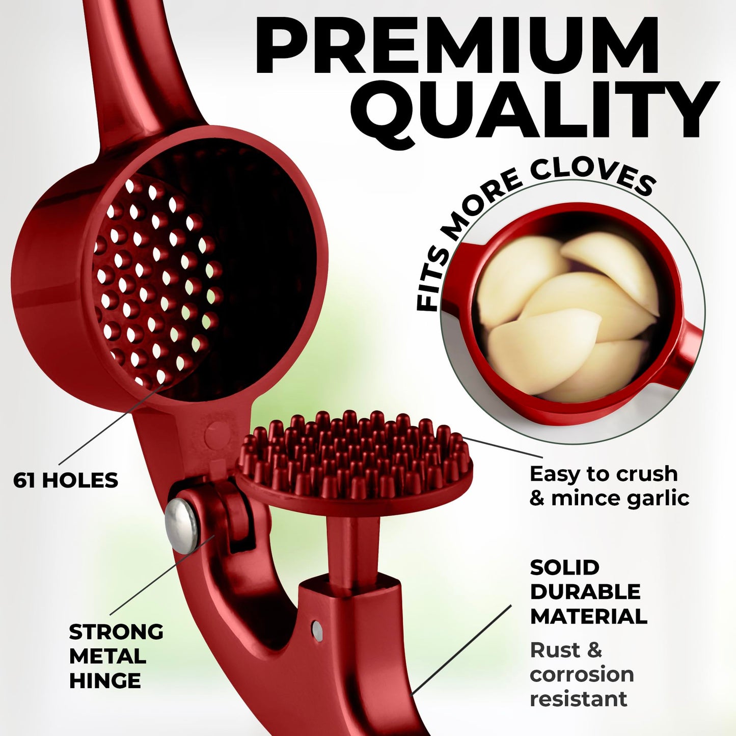 Zulay Kitchen Large Premium Garlic Press Set - Bigger Bowl for Bigger Garlic - Rust Proof and Dishwasher Safe Garlic Mincer Tool - Easy-Squeeze, Easy-Clean Silicone Garlic Peeler and Brush (Red)