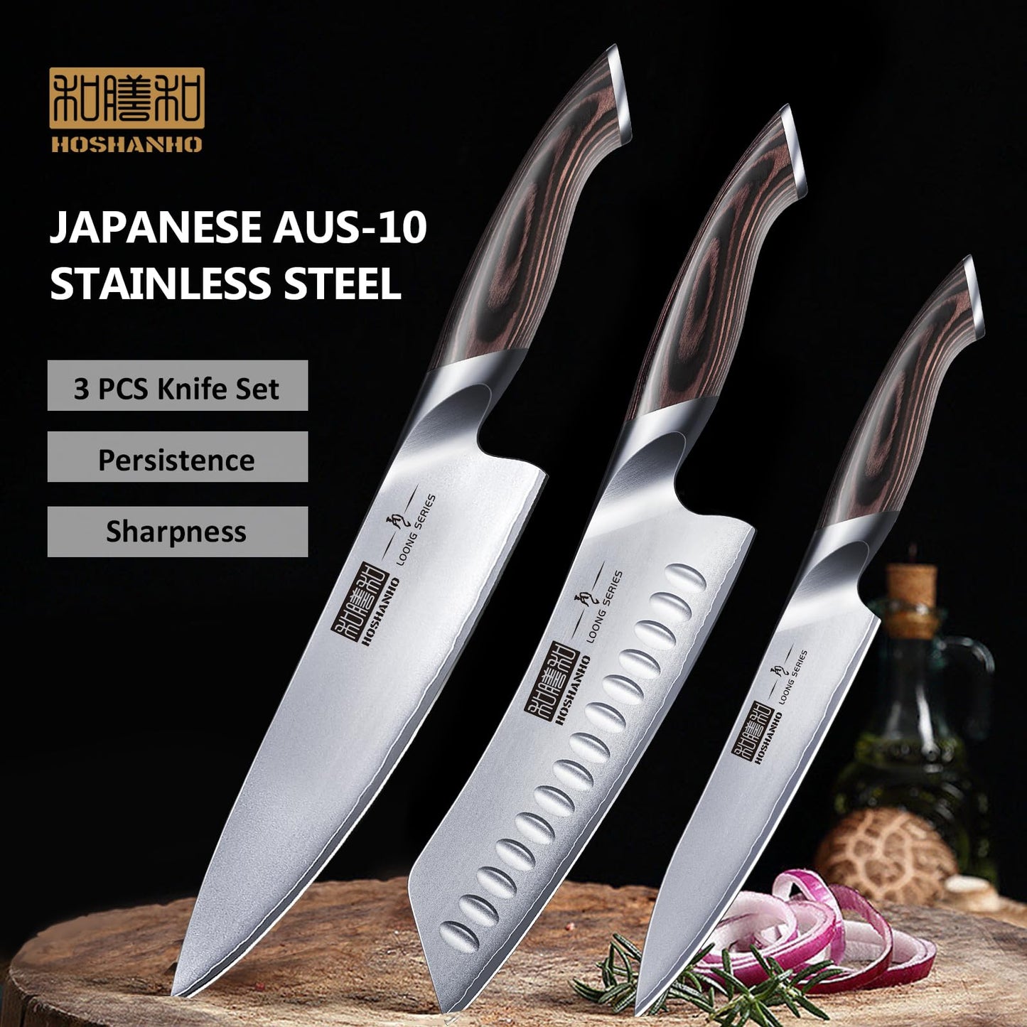HOSHANHO 3-Piece Knife Set, Professional Japanese AUS-10 Stainless Steel Kitchen Knife Set, Ultra Sharp Chef Knives Sets with Ergonomic Pakkawood Handle