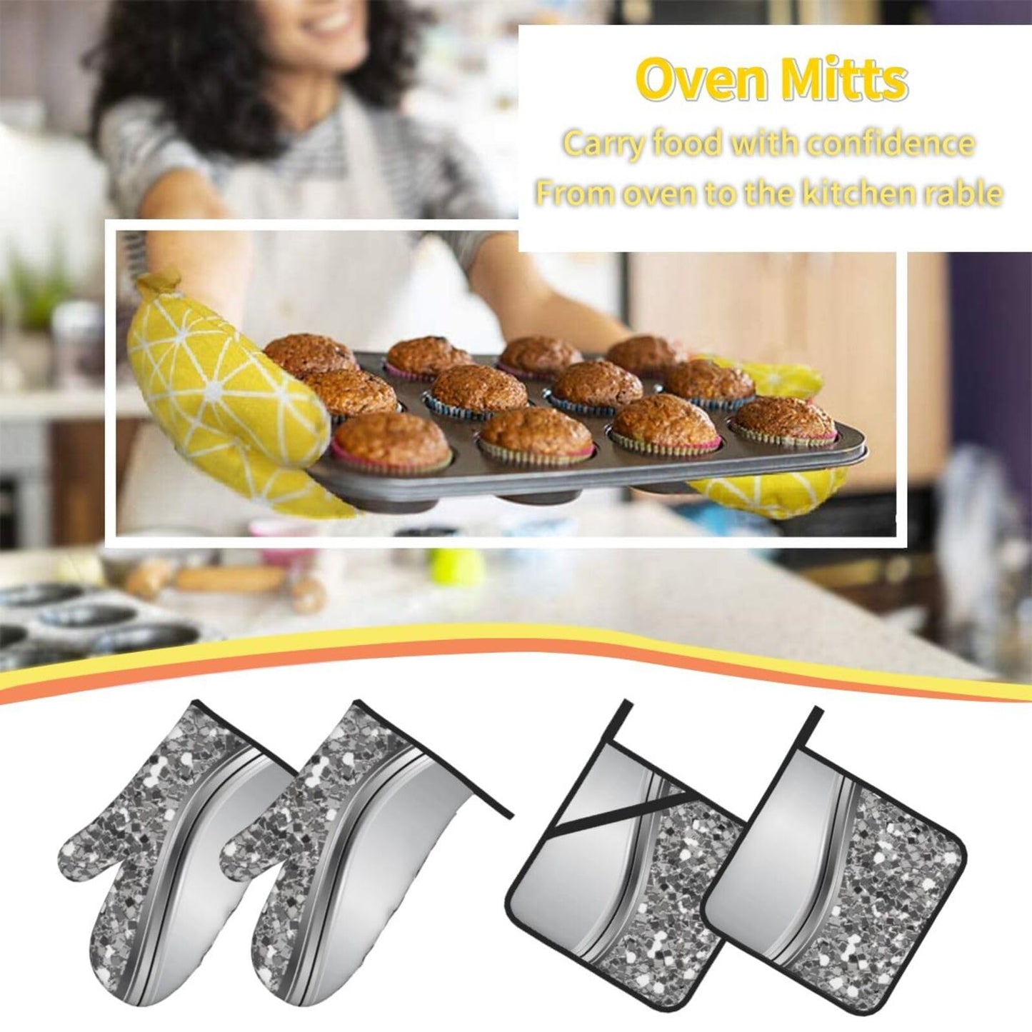 Silver Sparkle Glam Bling Oven Mitts and Pot Holders 4 Pcs Set,High Heat Resistant 500 Degree Extra Thicken Long Kitchen Cotton Oven Glove for Cooking
