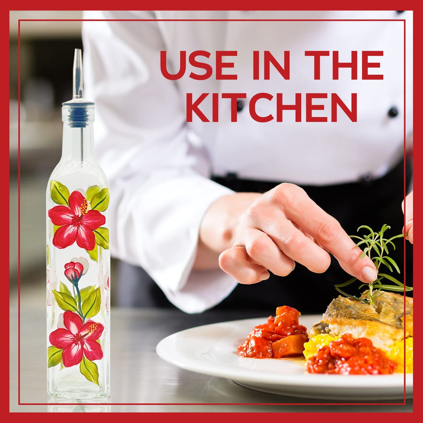 YIYUKODO 17oz Hand Painted Glass Olive Oil Bottle - 500ml Green Oil & Vinegar Cruet with Pourers - Olive Oil Carafe Decanter for Kitchen (Red flowers)