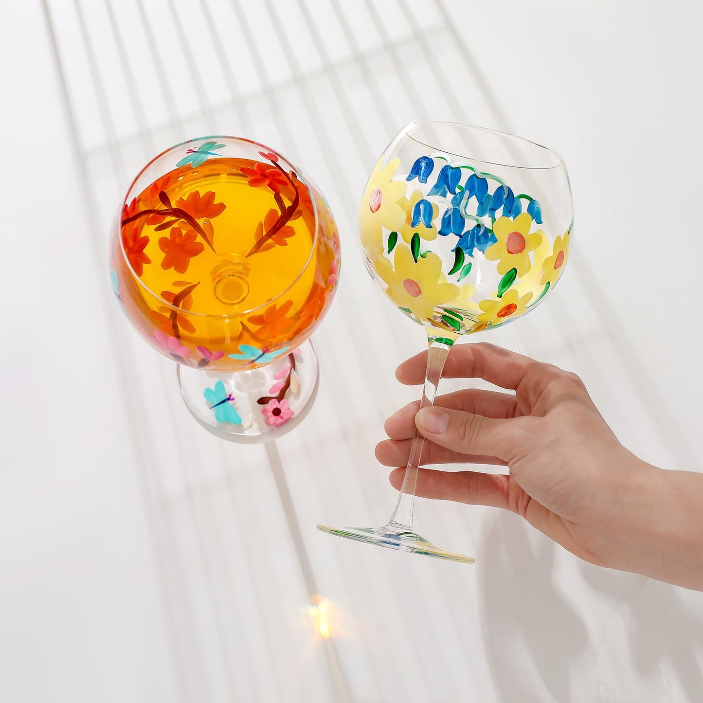 Hand-Painted Wine Glasses, Colorful Watercolor Flowers Artisan Painted, 20 Oz. Mixed Set of 4 Personalized Artisan Painted Different Flowers