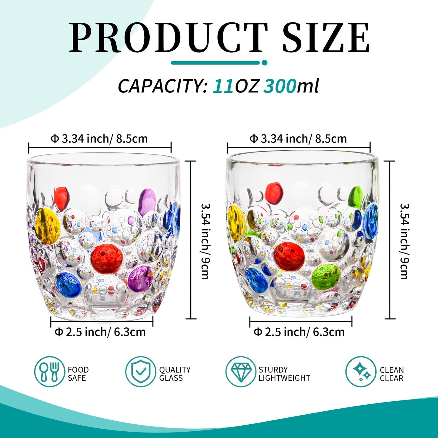 Colorful Bubbly Drinking Glasses Set of 2, 11 oz. (330 ml), Stemless Champagne Glasses, Cocktail Glasses, Stemless Wine Glasses, Iced Tea Mugs, Heavy Duty Glasses For Women (Classic)