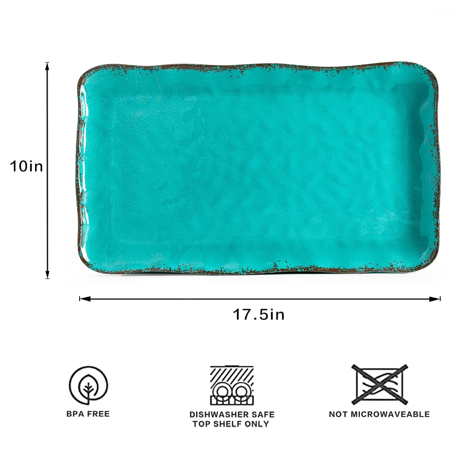 Teal Vintage Trim Melamine Serving Tray Set, Rectangular Large Serving Trays/Platters Set for Serving Food, BPA Free Food Serving Platters and Trays, Set of 2, 17.5"x 10", Teal