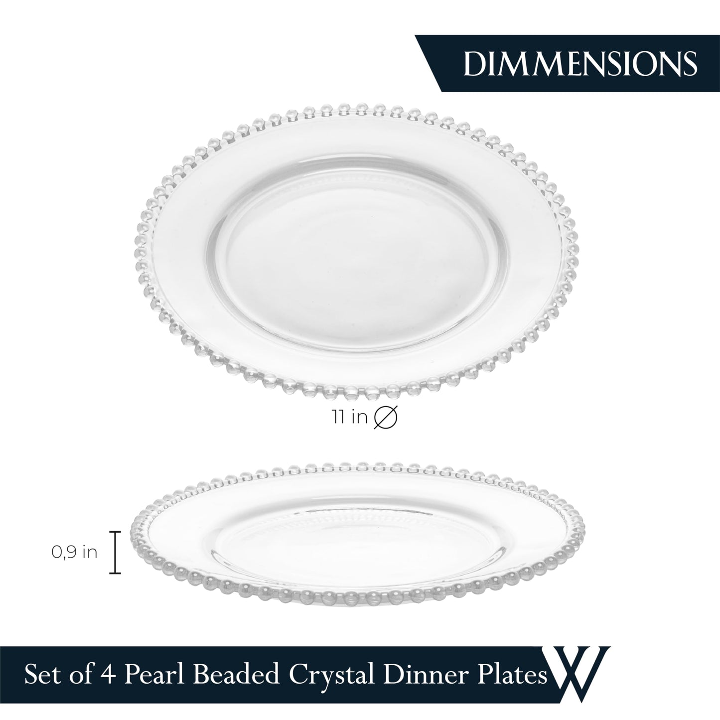 WOLFF - Set of 4 Pearl Beaded Crystal Dinner Plates - Clear Glass Plates, Dinner Accessories, Crystal Kitchen Utensils Set - Luxury Glasswear, Dish Set - Clear, 11 inches