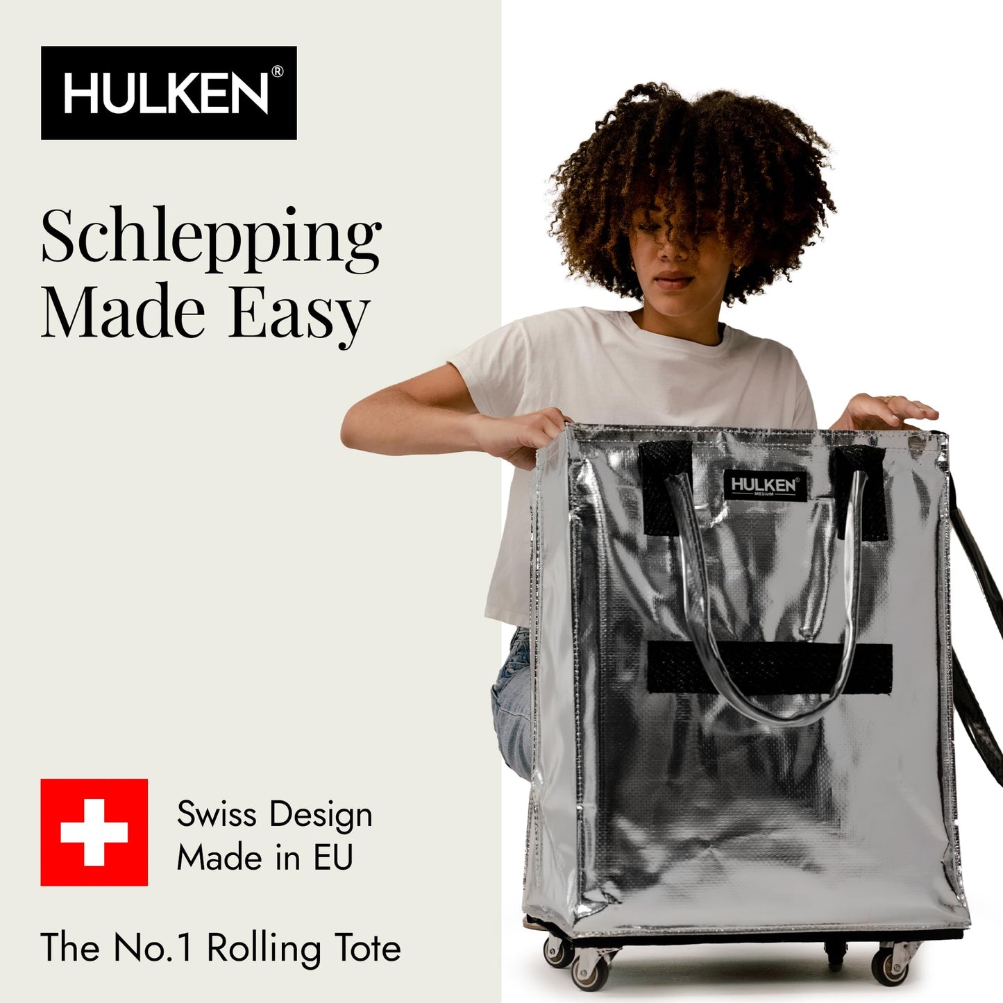 HULKEN (Medium, Silver) Reusable Grocery Bag On Wheels, Shopping Trolley, Rolling Tote, Zipper Closure, Lightweight, Carries Up to 66 lb, Folds Flat, Unbreakable Handles