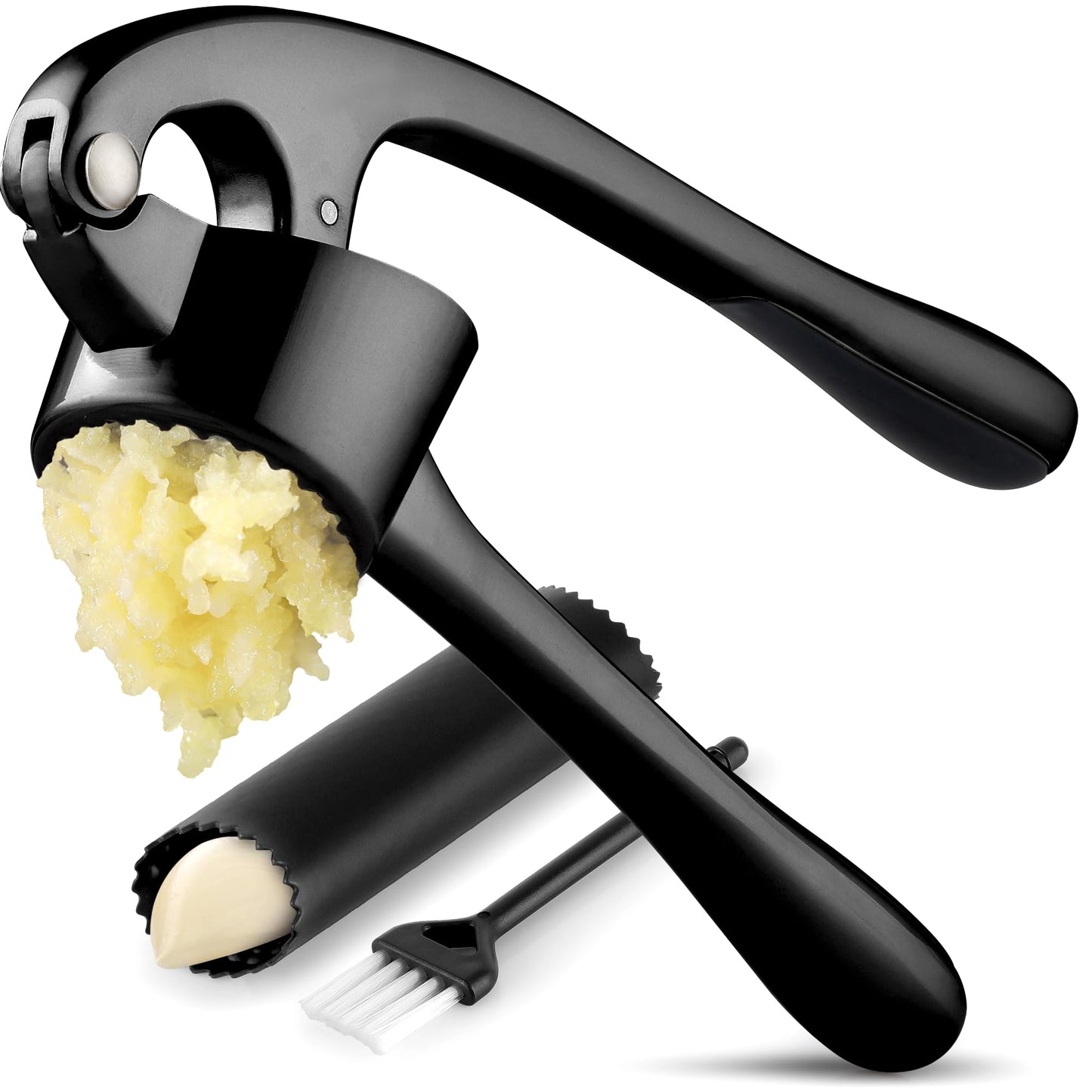 Zulay Kitchen Large Premium Garlic Press Set - Bigger Bowl for Bigger Garlic - Rust Proof and Dishwasher Safe Garlic Mincer Tool - Easy-Squeeze, Easy-Clean Silicone Garlic Peeler and Brush (Black)