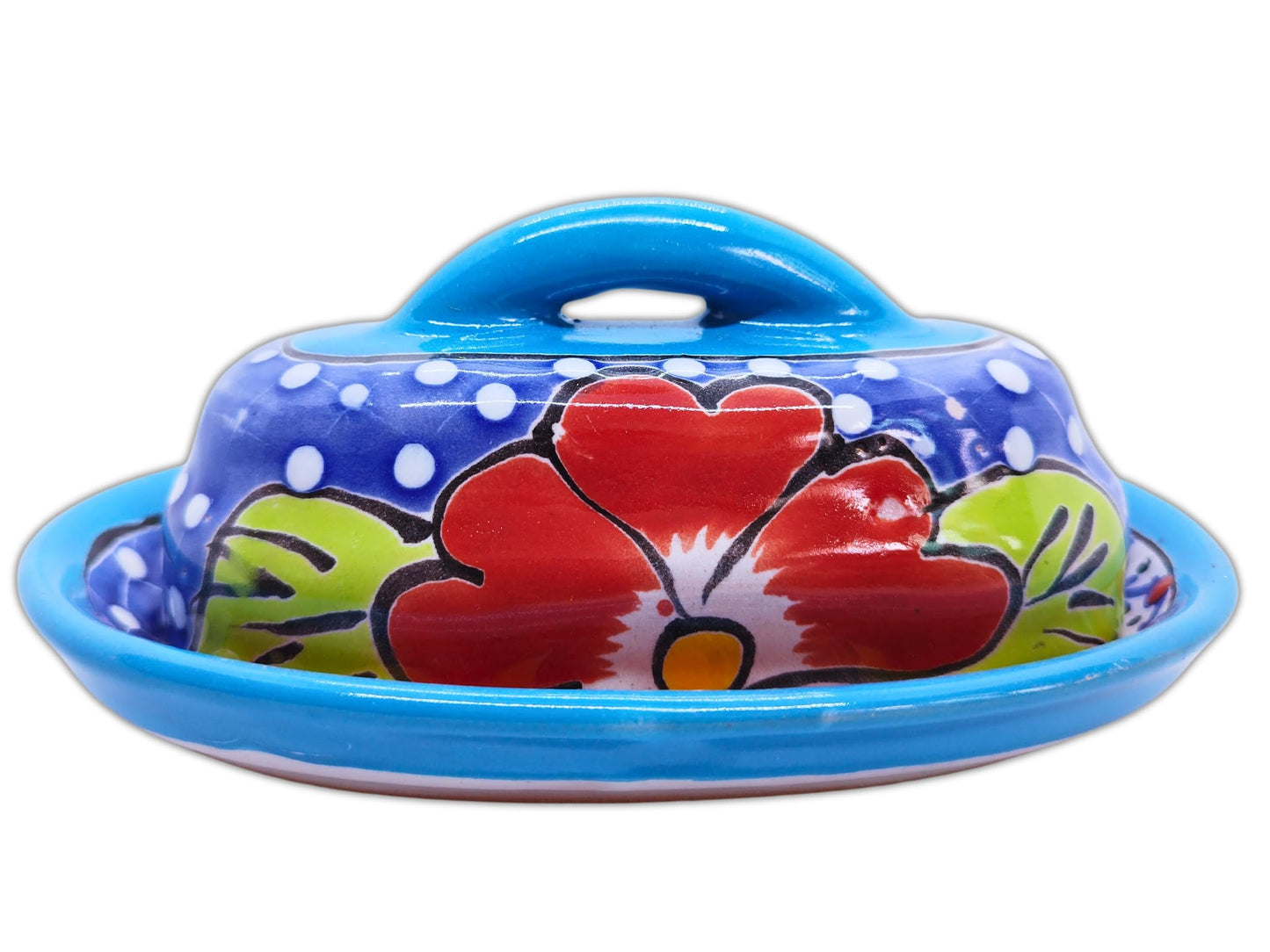 MEXTEQUIL - Butter Dish Ceramic Talavera with Lid Hand Painted Authentic Mexican Pottery Kitchen Floral Design (Aqua)