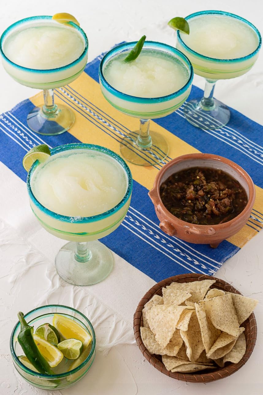 Mexican Glassware, Aqua Rims 16oz Margarita Glasses, Set of 2 Unique Hand Blown Glass, Handcrafted by Talented Artisans Thick & Sturdy Easy to hold