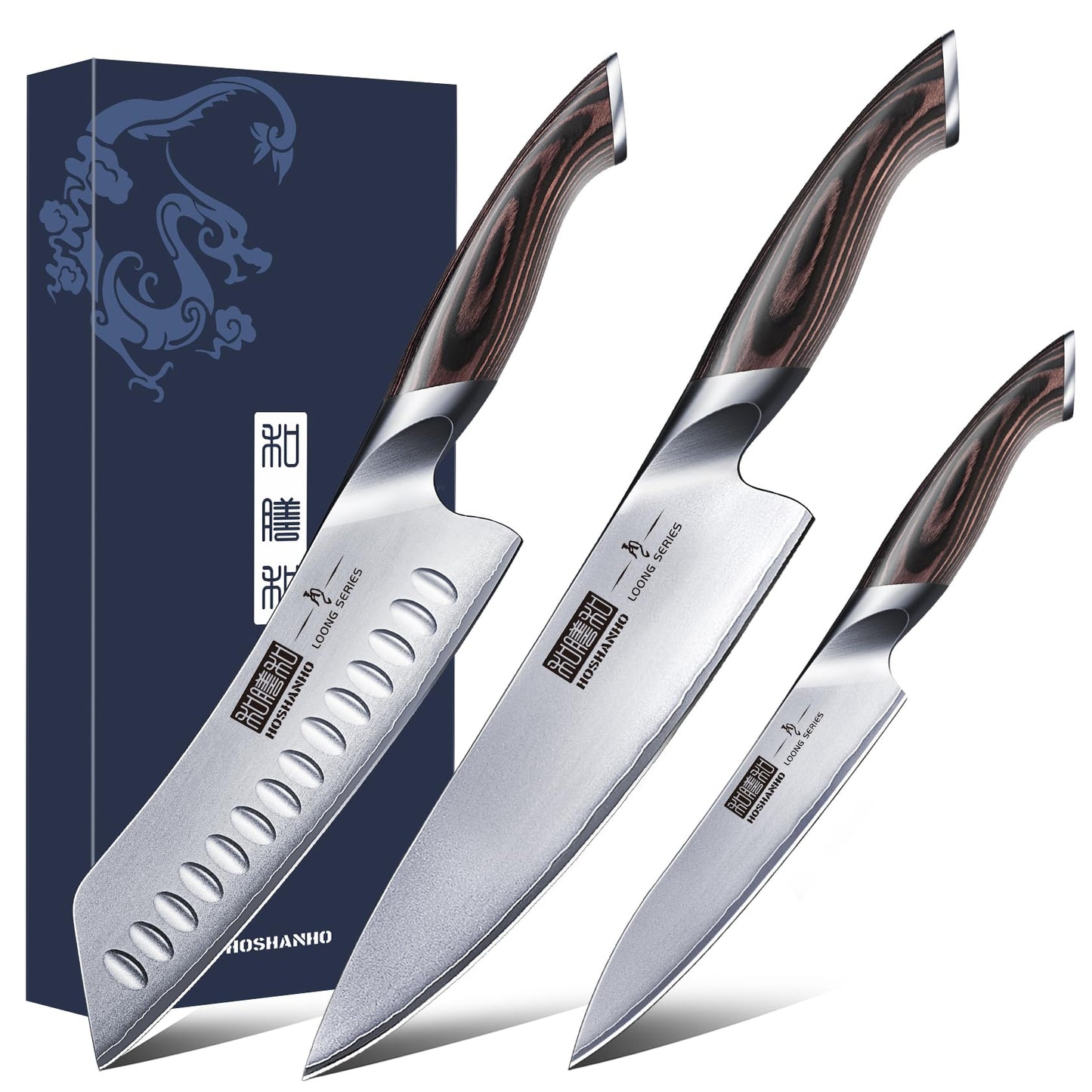 HOSHANHO 3-Piece Knife Set, Professional Japanese AUS-10 Stainless Steel Kitchen Knife Set, Ultra Sharp Chef Knives Sets with Ergonomic Pakkawood Handle