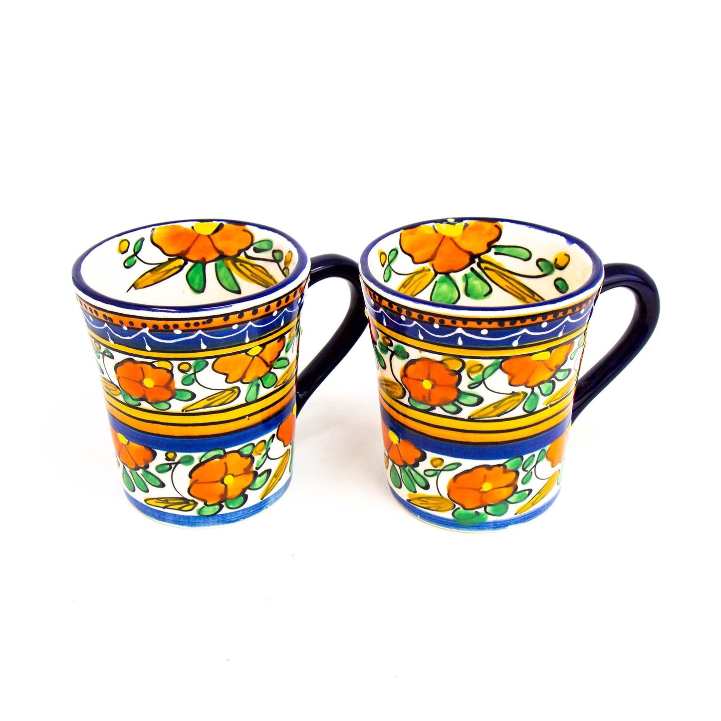Global Crafts Encantada Handmade Hand-Painted Authentic Mexican Pottery Mugs (Orange Flower X2)