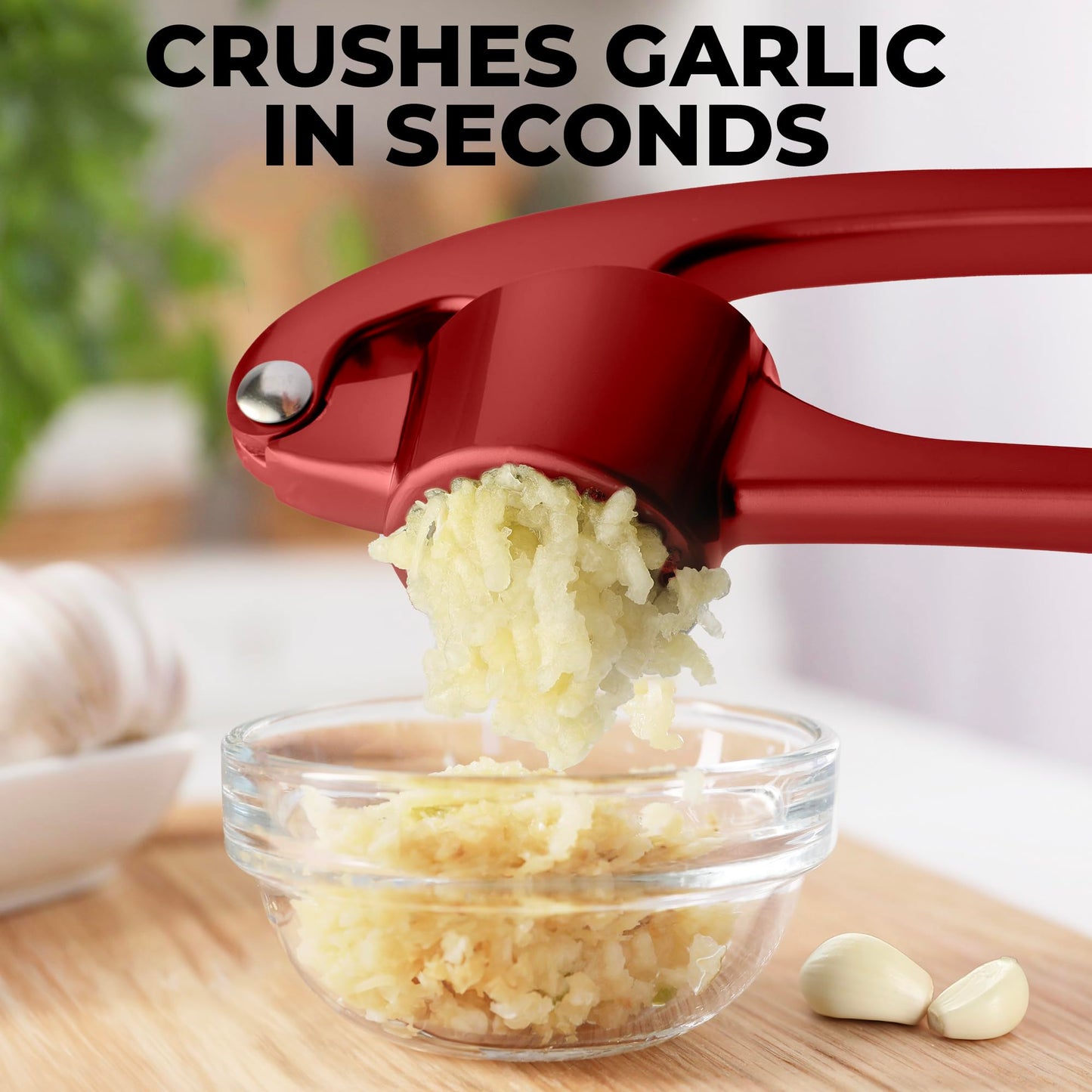 Zulay Kitchen Large Premium Garlic Press Set - Bigger Bowl for Bigger Garlic - Rust Proof and Dishwasher Safe Garlic Mincer Tool - Easy-Squeeze, Easy-Clean Silicone Garlic Peeler and Brush (Red)