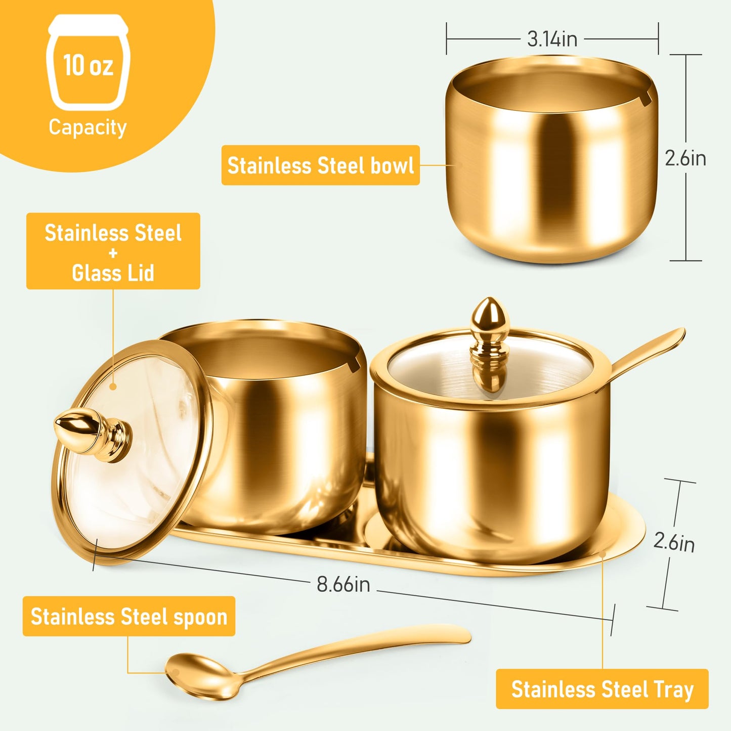 2 Pcs Coffee and Sugar Dispenser with Tray - 10 oz Sugar Bowl with Glass Lid and Spoon for Coffee Bar Accessories Kitchen Storage for Salt,Coffee Bean,Brown Sugar Cubes (Gold)