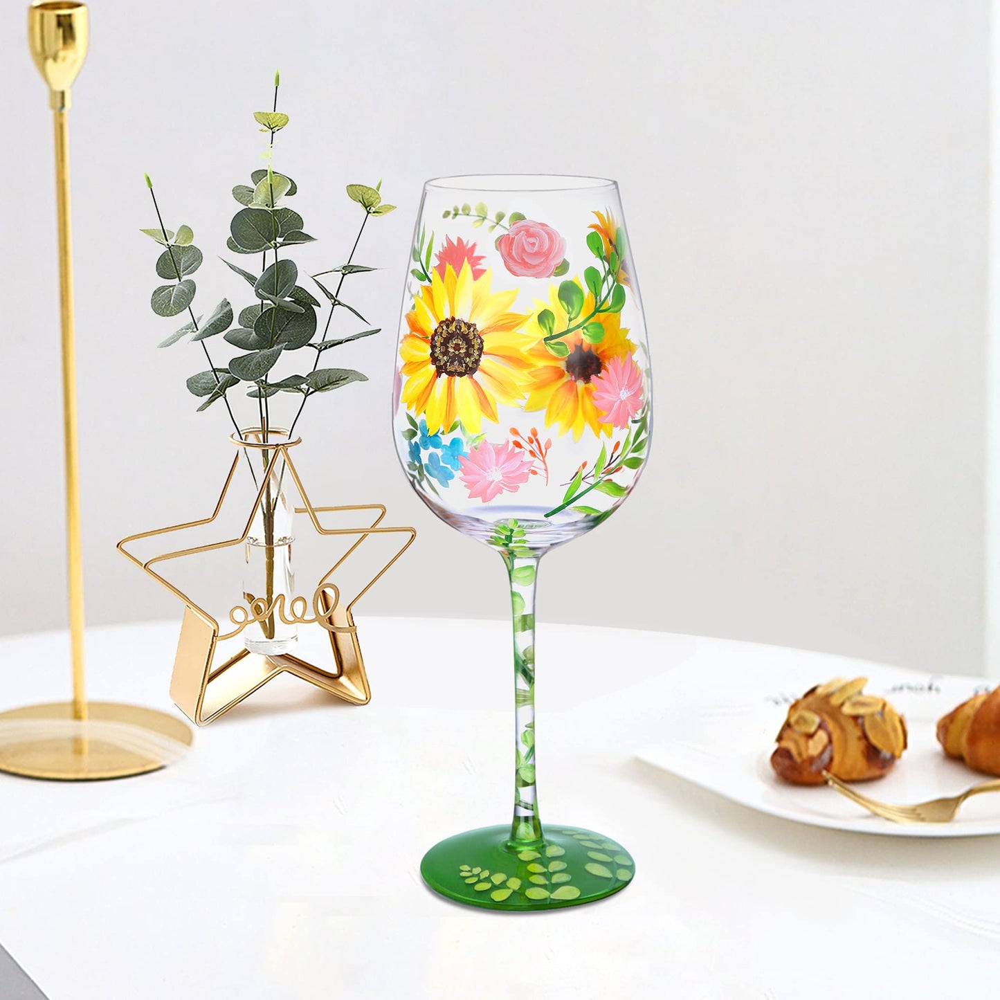 NymphFable Hand-painted Wine Glass Watercolor Flowers Artisan Painted 15oz Personalised Gift for Best Friend